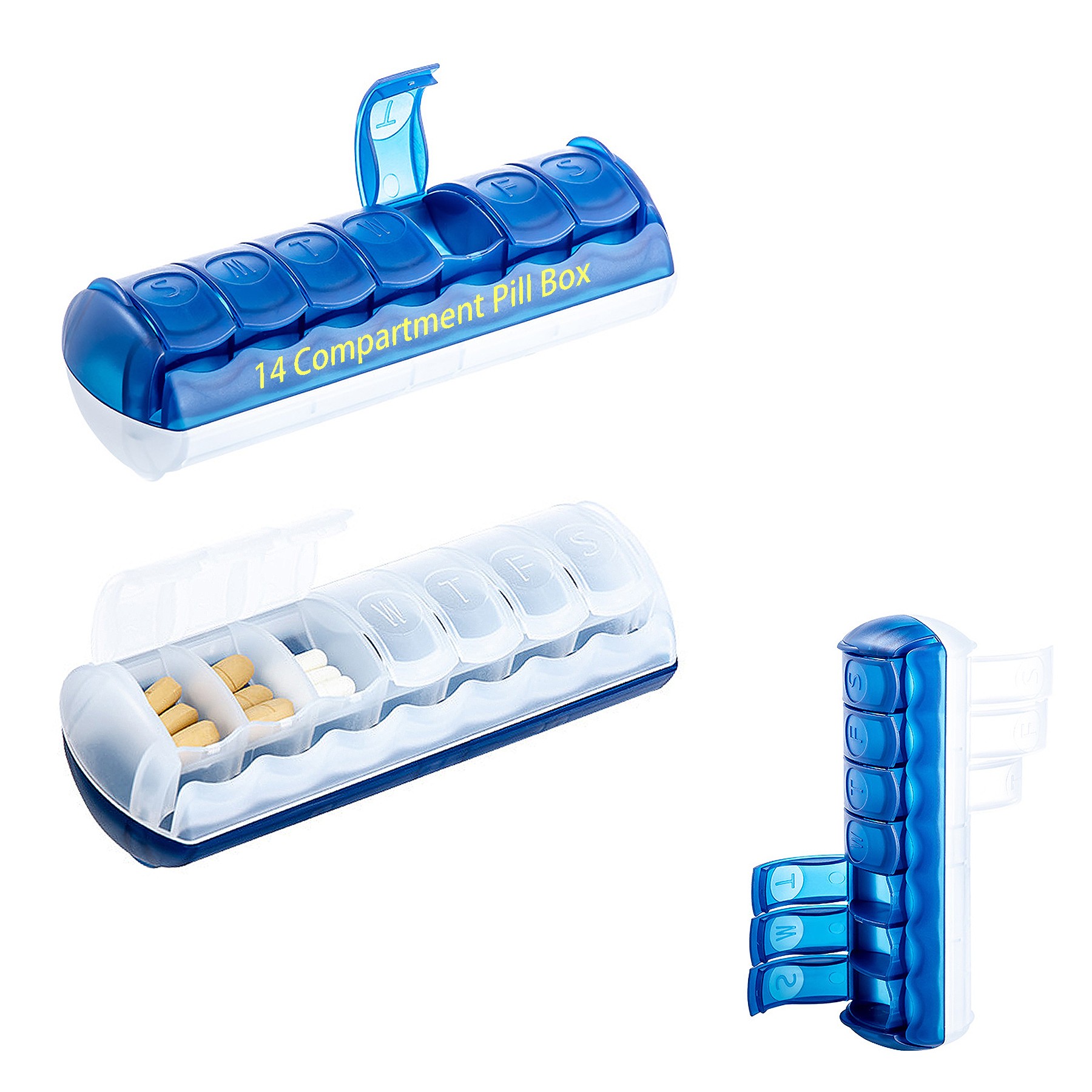 Cylindrical 14 Compartment Pill Box With Front And Back Rows