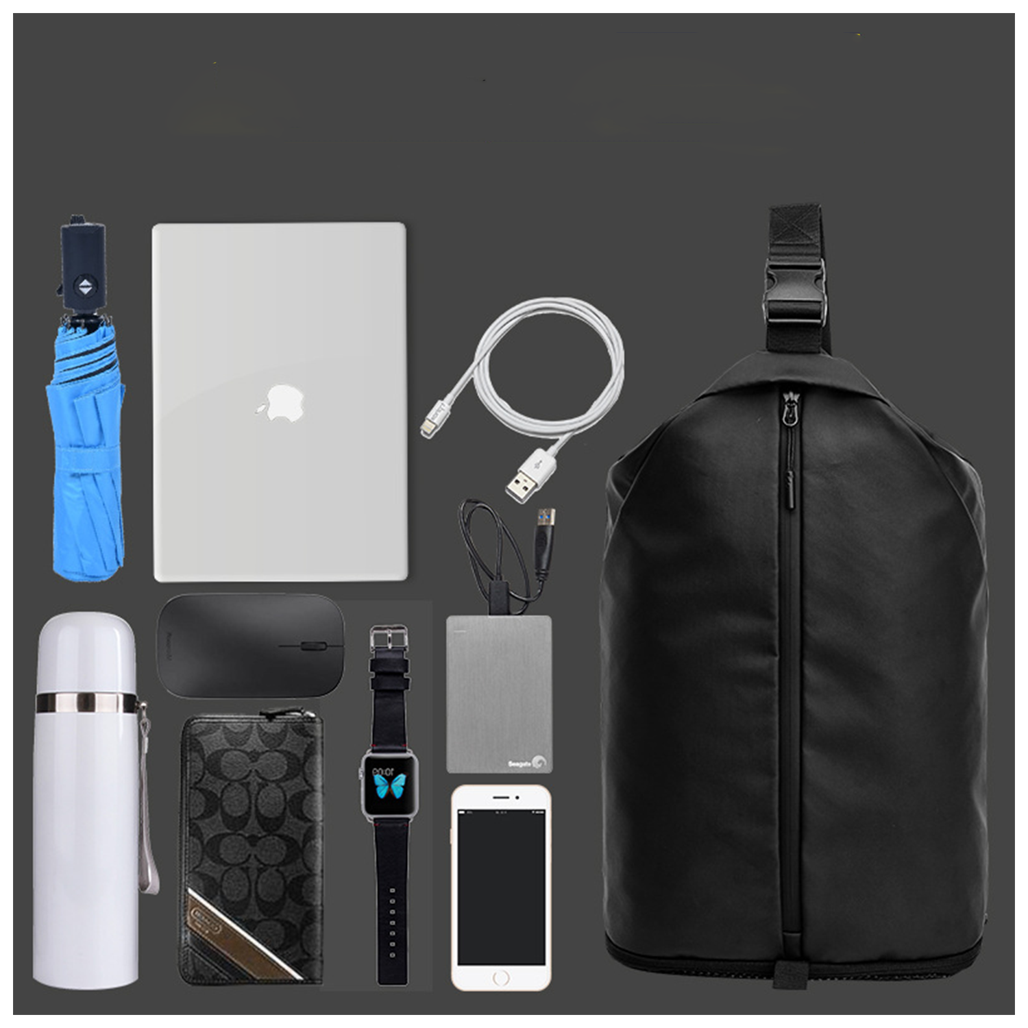 Black Sling Chest Bag W/ Usb Charge Port 5