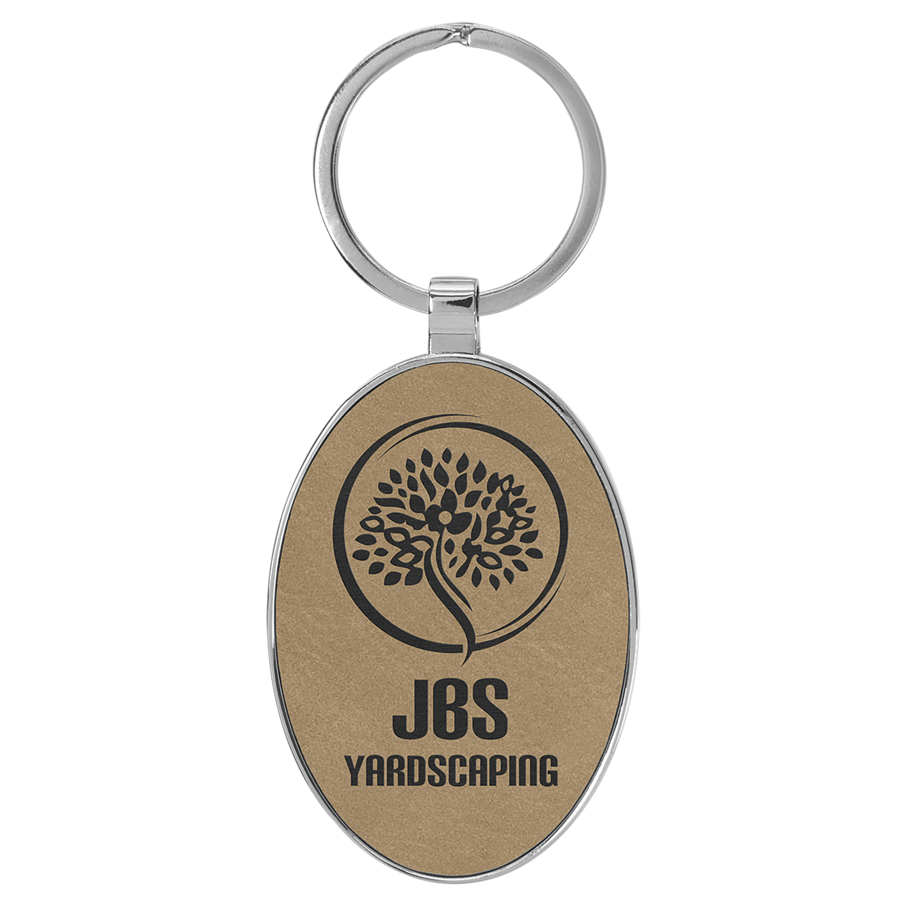 3" x 1 3/4" Leatherette/Metal Light Brown Oval Keychain 2