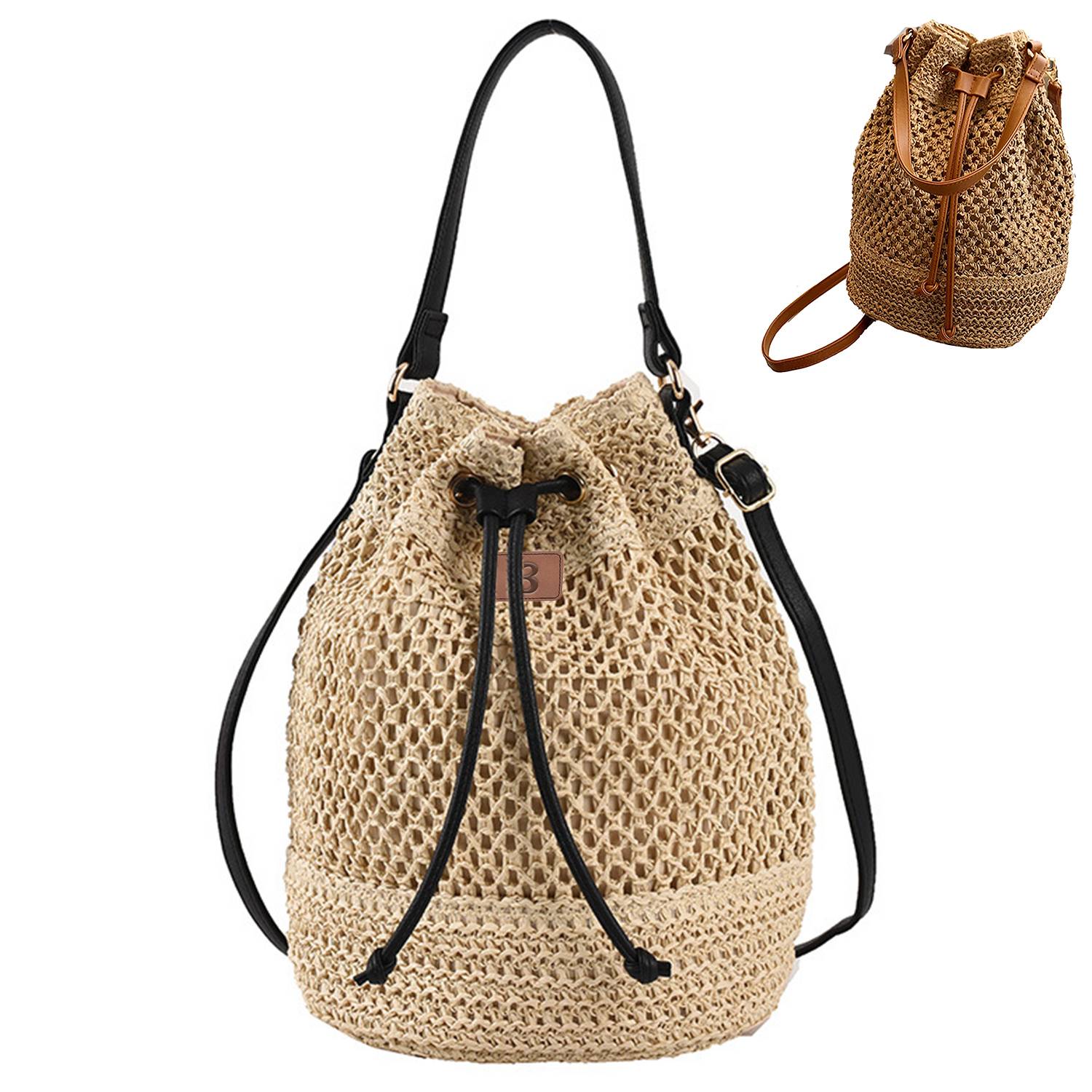 Jute Woven Beach Drawstring Bucket Handbag Crossbody Bag 1