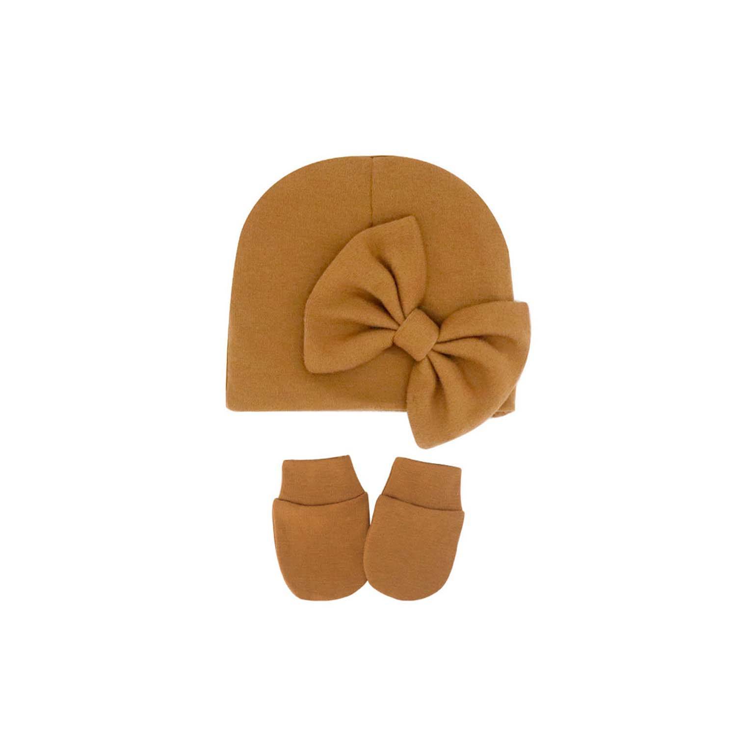 0-6 Months Solid Color Anti Scratch Gloves Bow Baby Hat 5