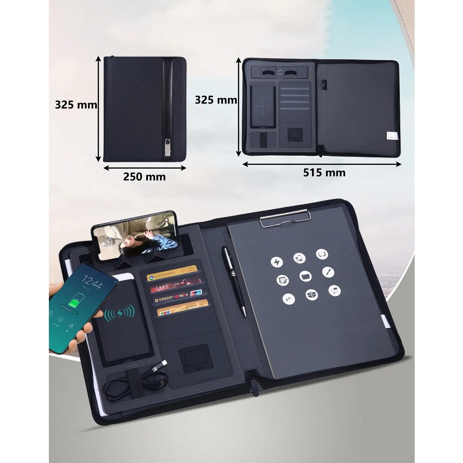 A4 Padfolio Leather Organizer Sleeves 6000mAh Power Bank 12