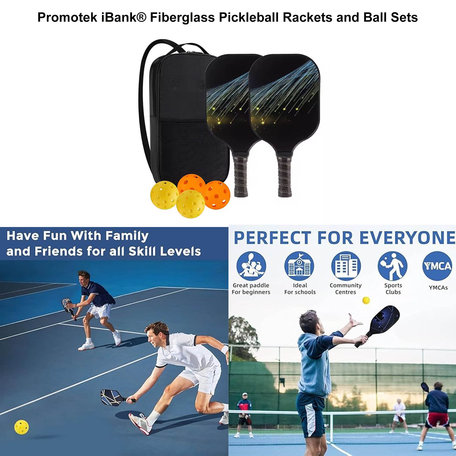 iBank ® Pickleball Set of 2 Paddles with 4 Outdoor Balls and Durable Carrying Case 1