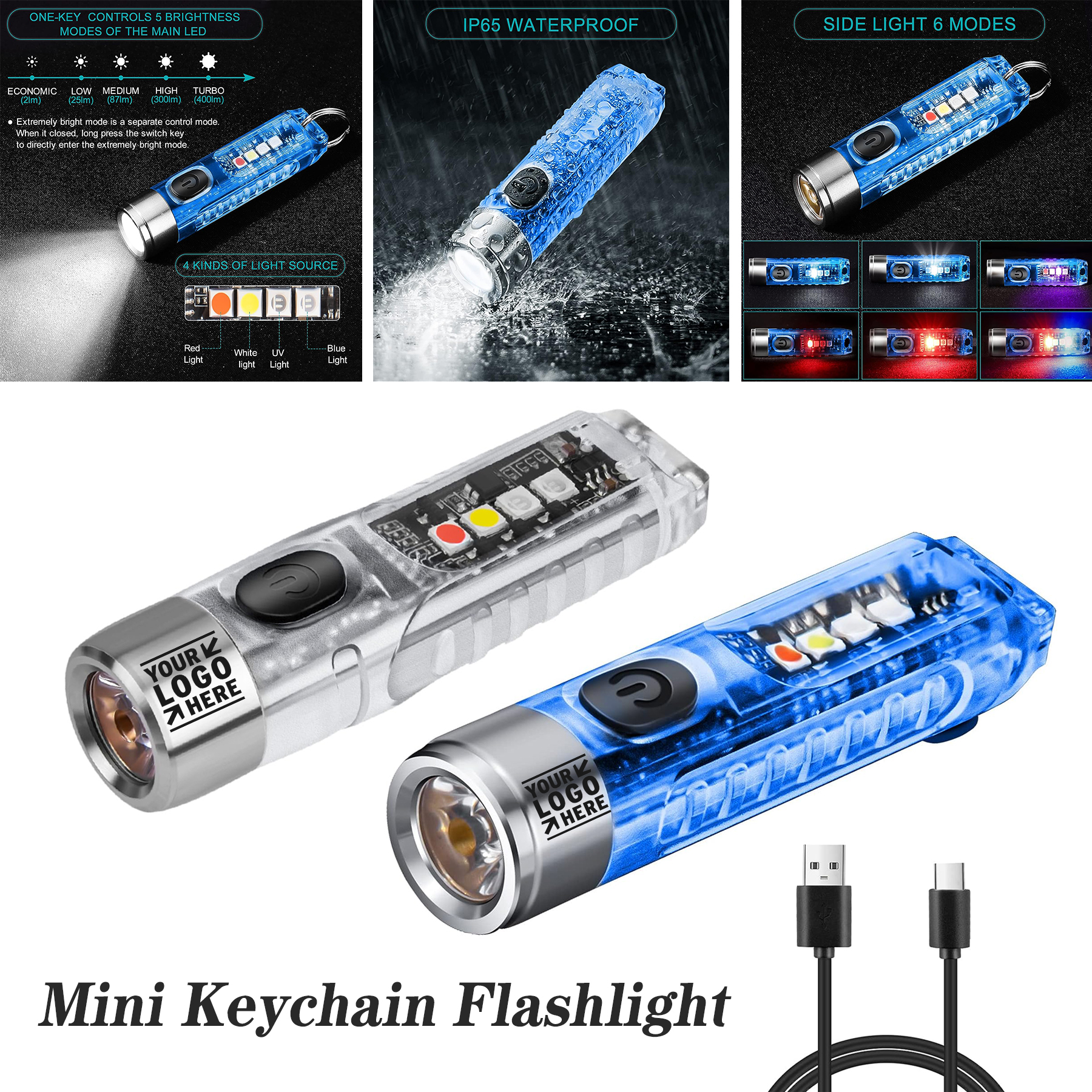 Waterproof IP65 Best Powerful 400 Lumen Mini Keychain Type-C Rechargeable LED Flashlight