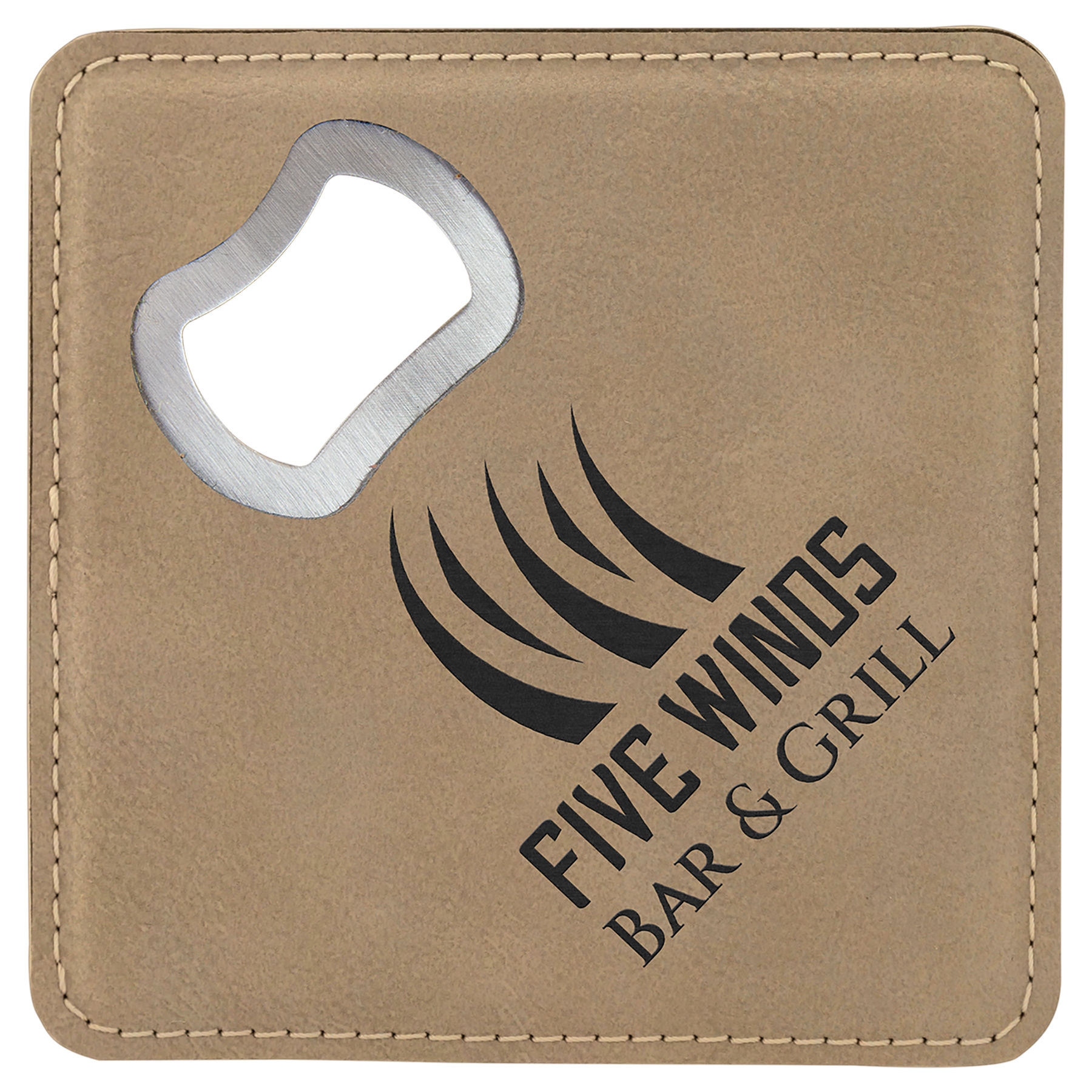 4" x 4" Square Light Brown Leatherette Bottle Opener Coaster 2