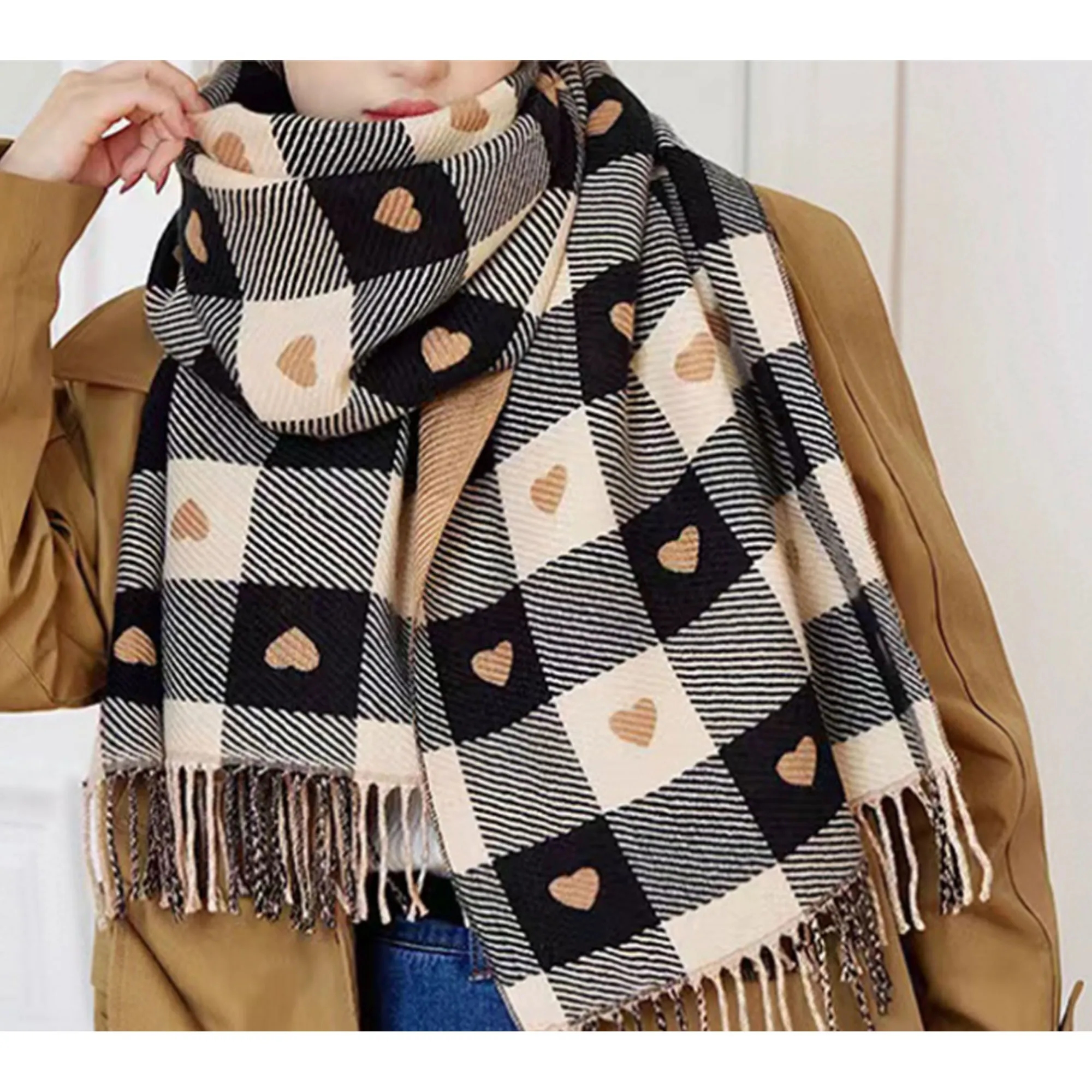 Double-Sided Faux Cashmere Heart Plaid Scarf 5