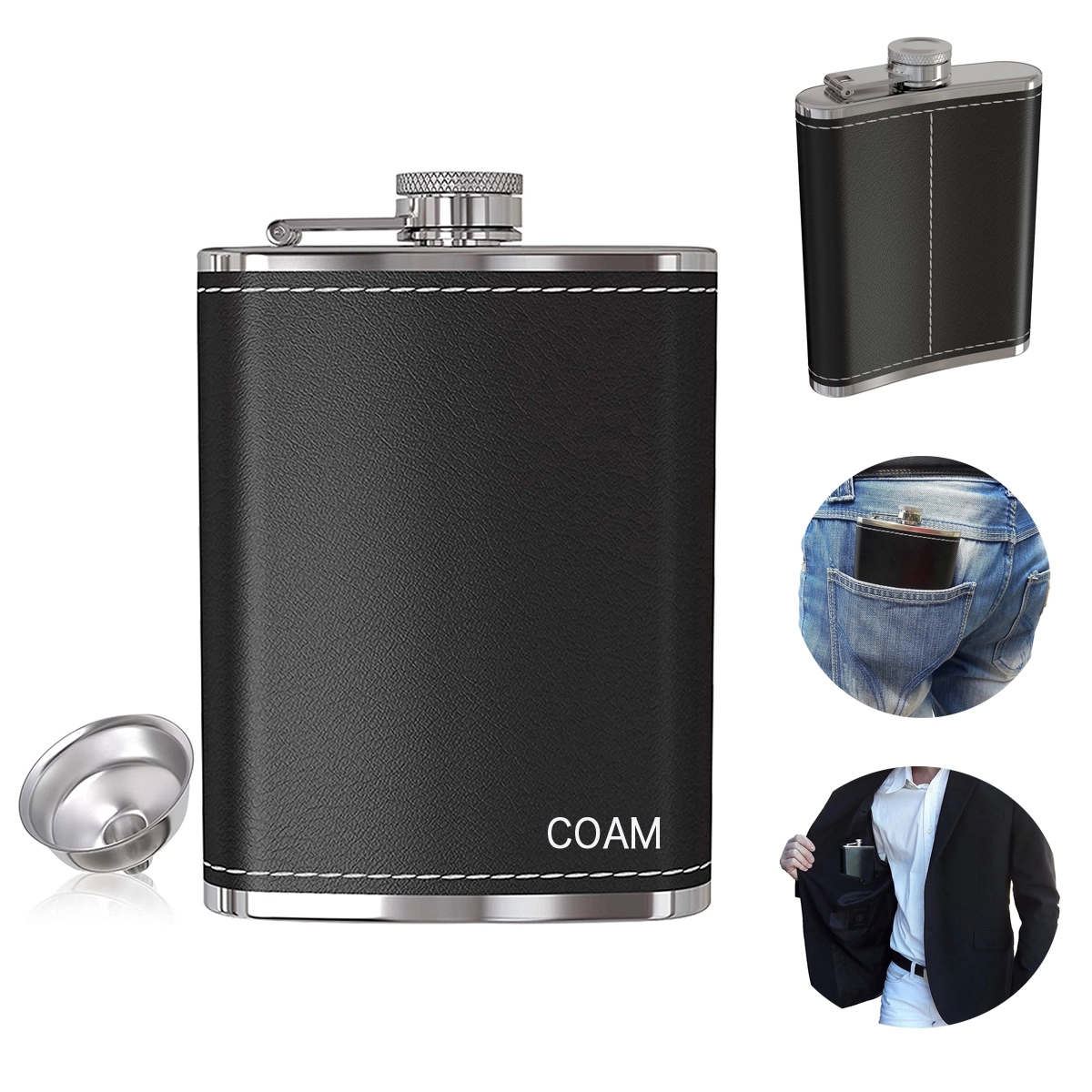 8 Oz Pocket Hip Flask With Funnel, custom water bottle with logo imprint 3