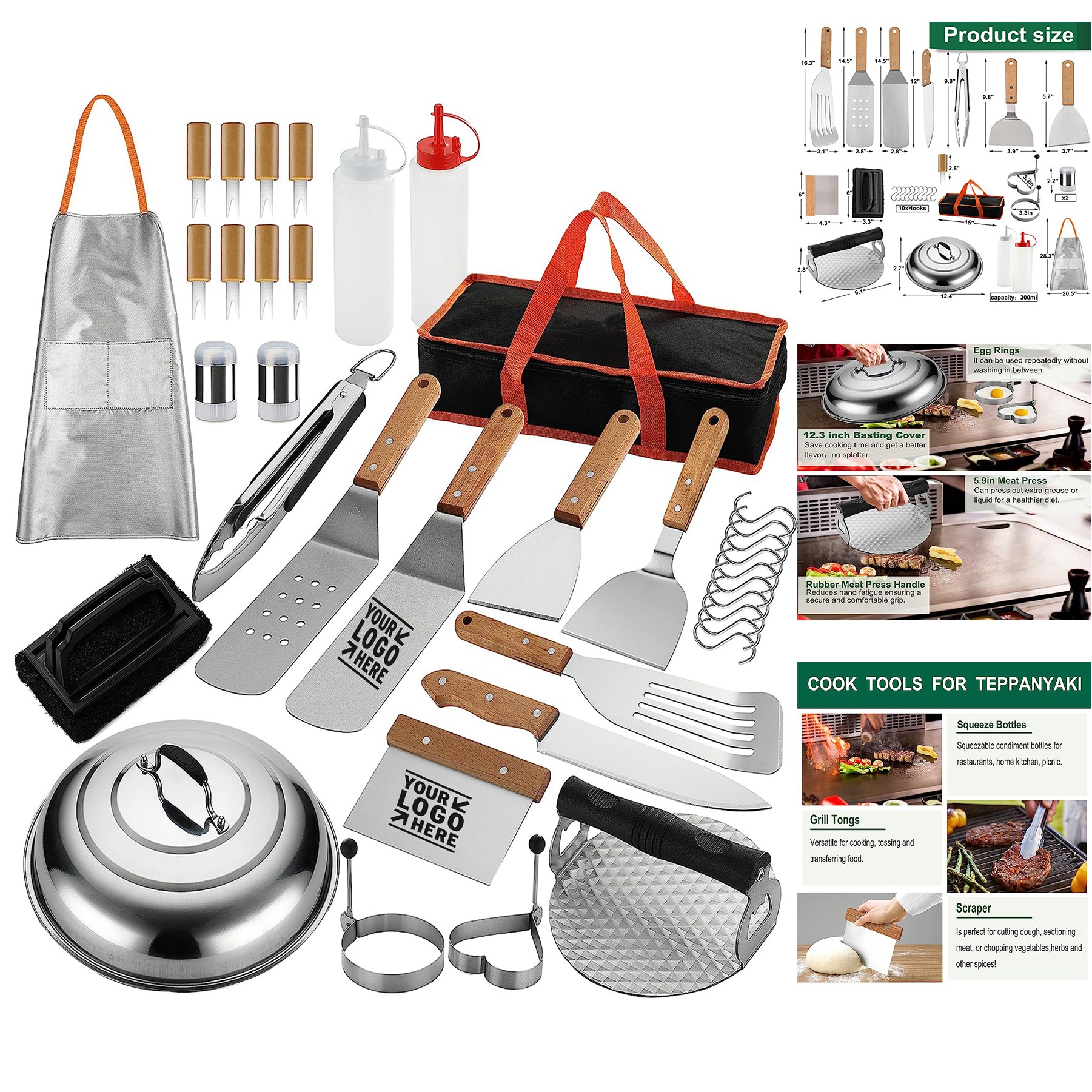 37 Pcs Flat Top Griddle Tools Set with Long Short Spatulas Scraper Basting Cover 2