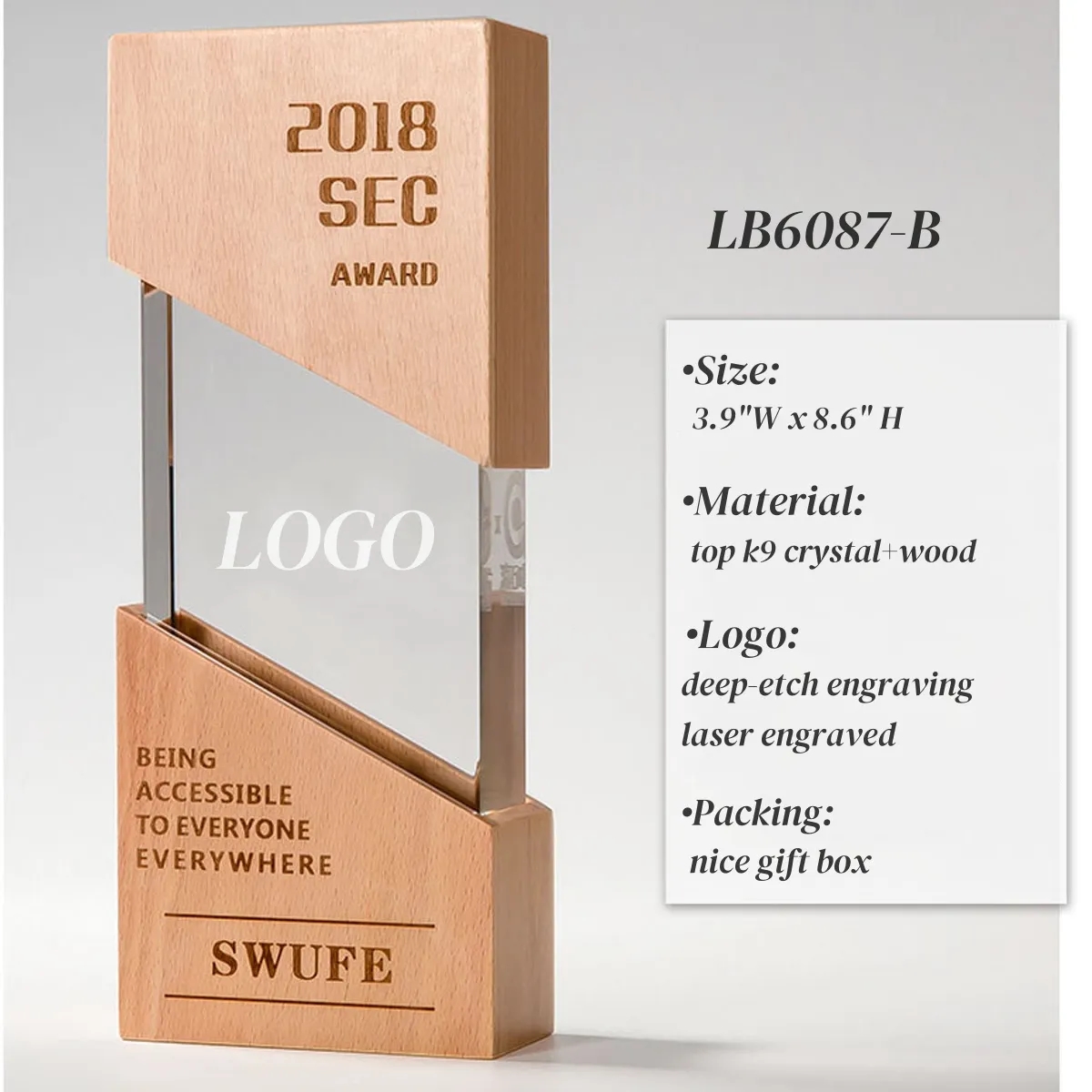 Wooden Plaque Award Crystal Throphy Personalized 3