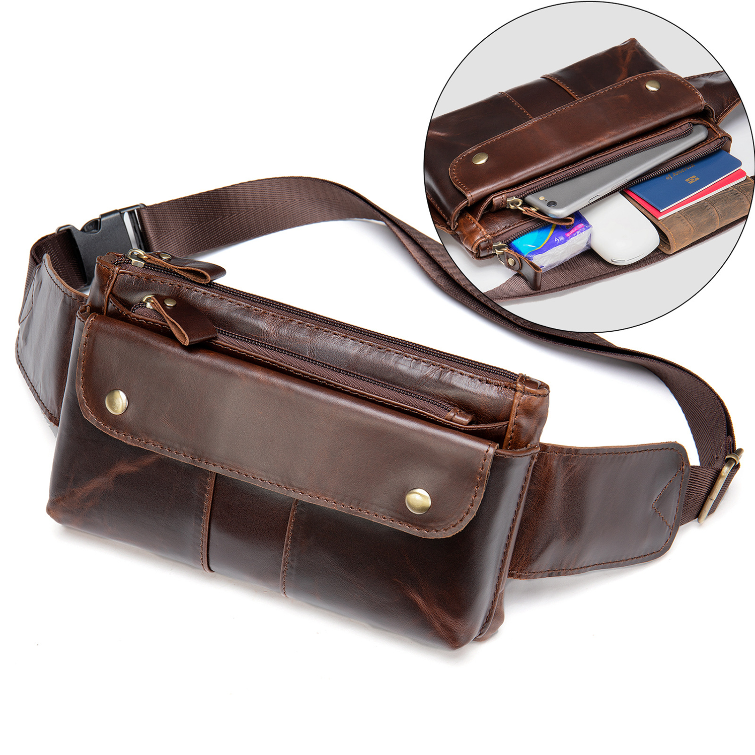 Custom Top-Layer Cowhide Leather Fanny Pack 8