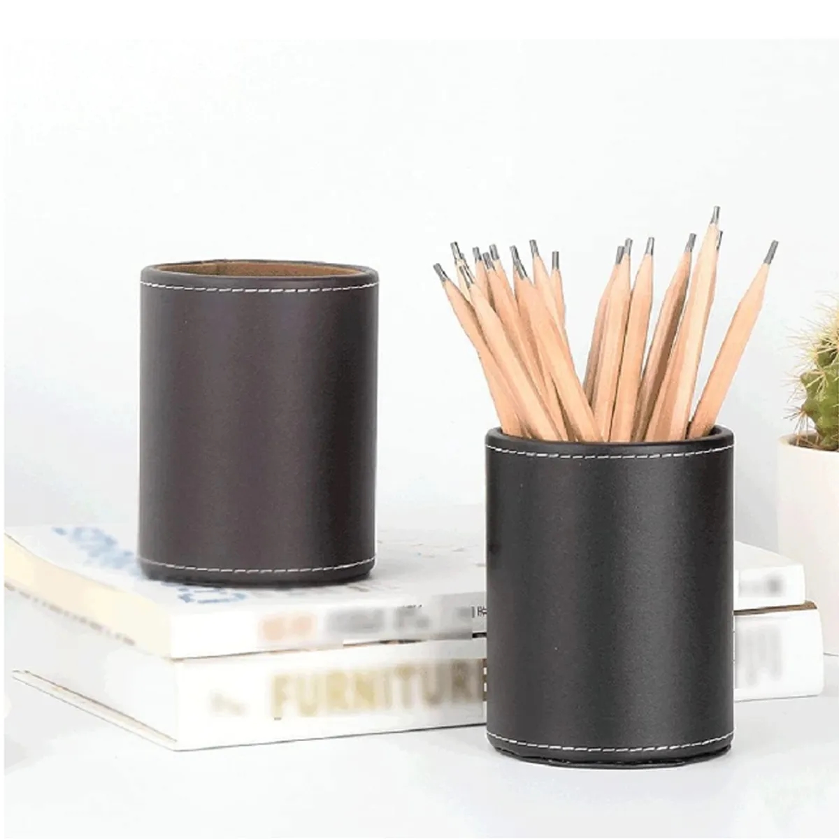 Circular Leather Pen Holder Desktop Stationery Storage Box 4