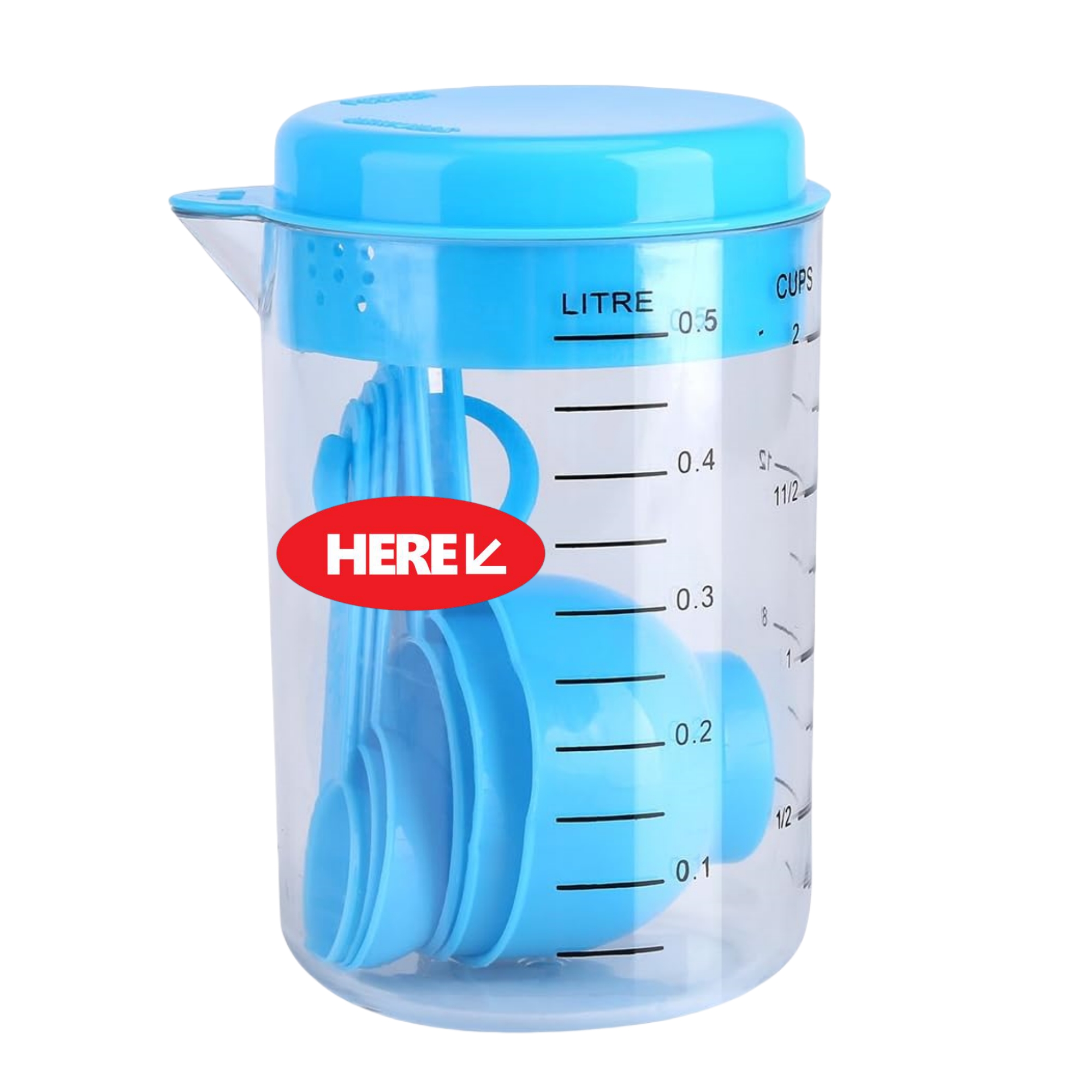 17oz Clear Measuring Cup With Lid 6 Blue Spoons 1