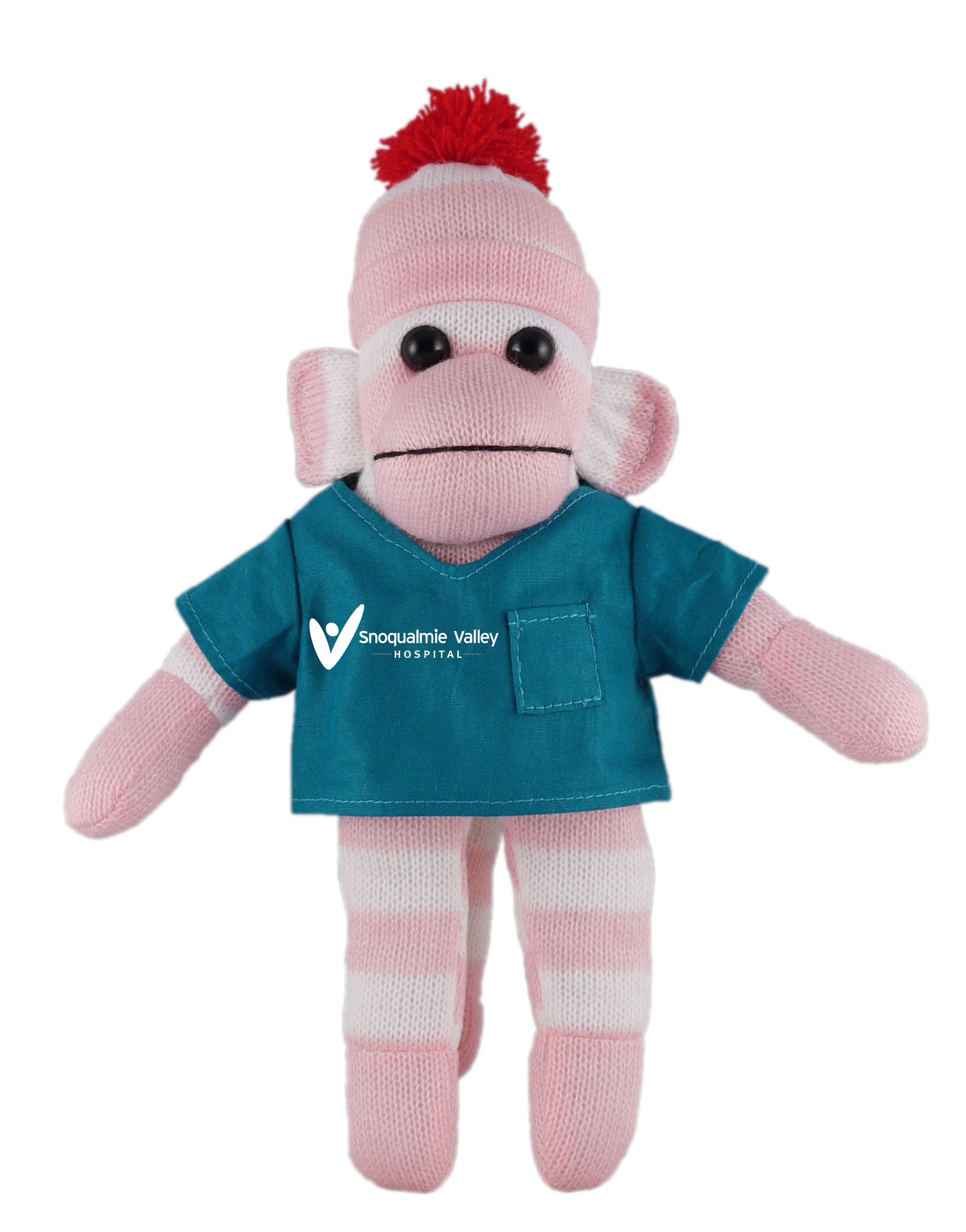 Pink Sock Monkey (Plush) in scrub shirt 2