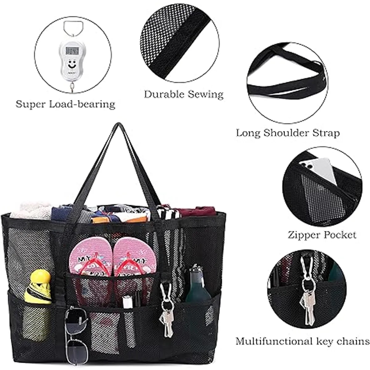 Large Storage Mesh Beach Tote Bags with 7 Pockets, custom tote bag with logo imprint 3