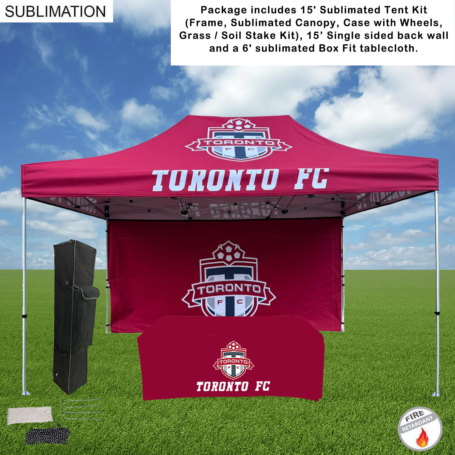 Deluxe Event Package, 15' Sublimated Tent kit, Single sided 15' backwall, and 6' Box Fit Tablecloth 5