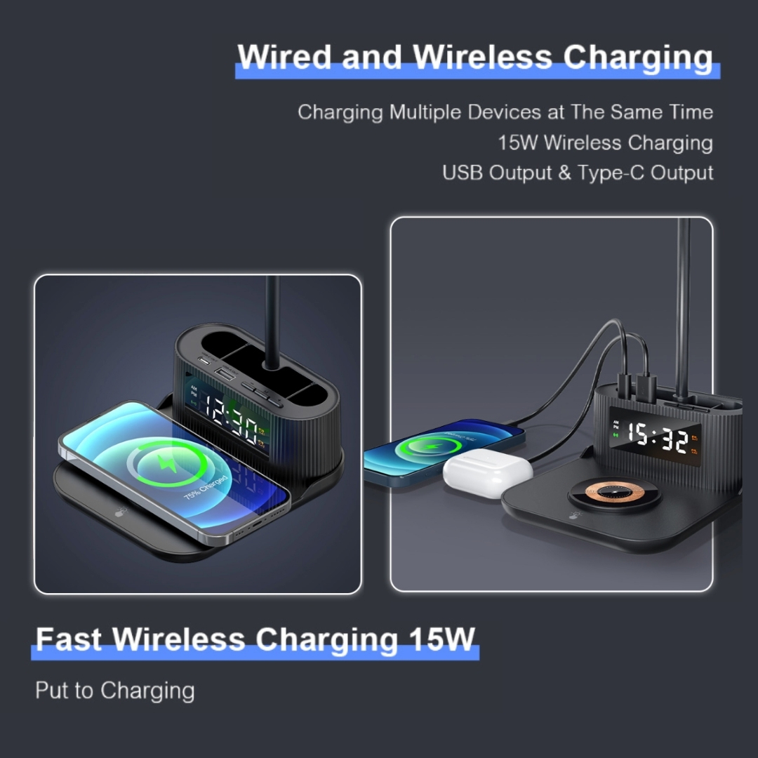 15W Wireless Charger Desk Lamp with Alarm Clock, Pen Holder, and USB/Type-C Output 1