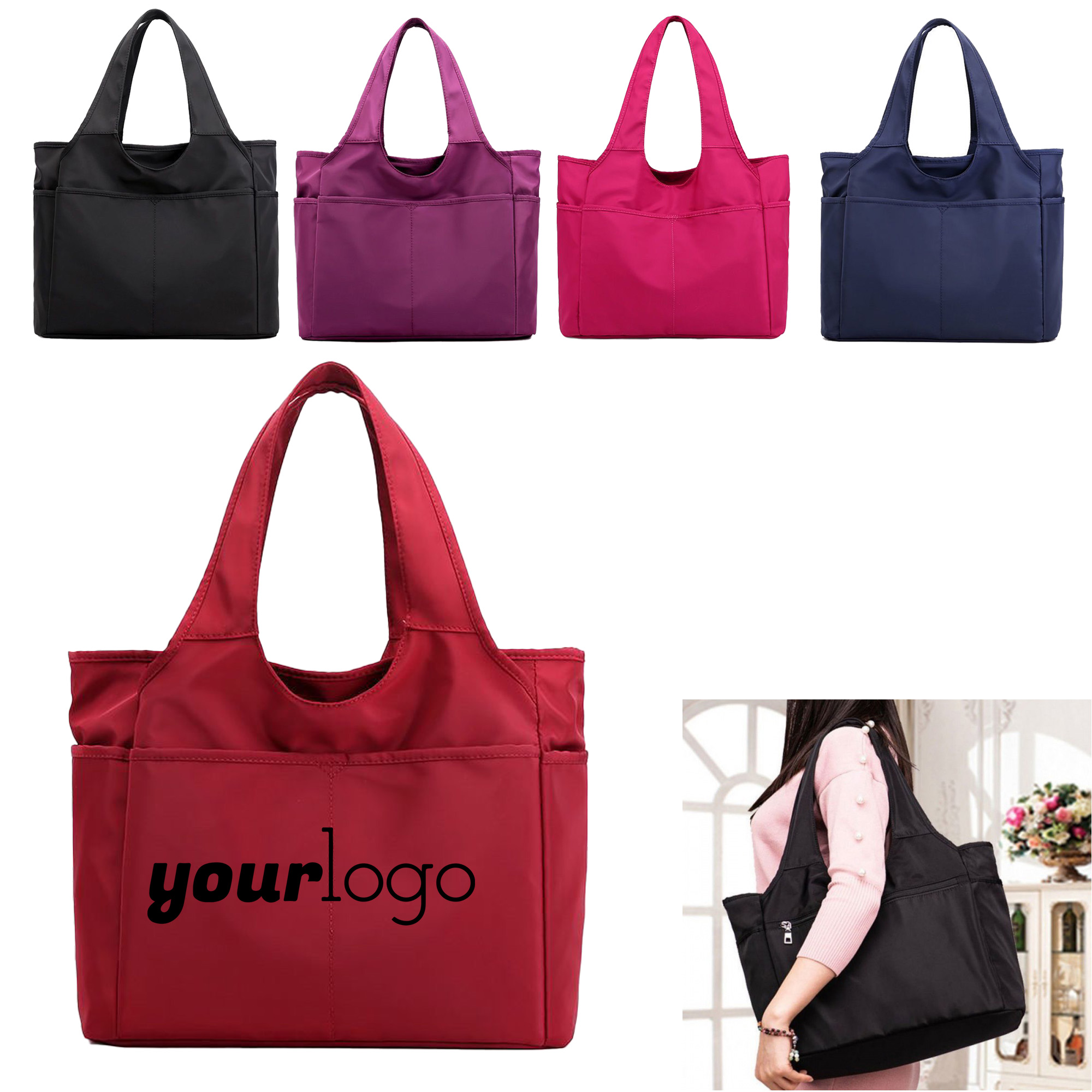 Durable Nylon Tote Bag with Multi Pockets for Women, custom tote bag with logo imprint 5