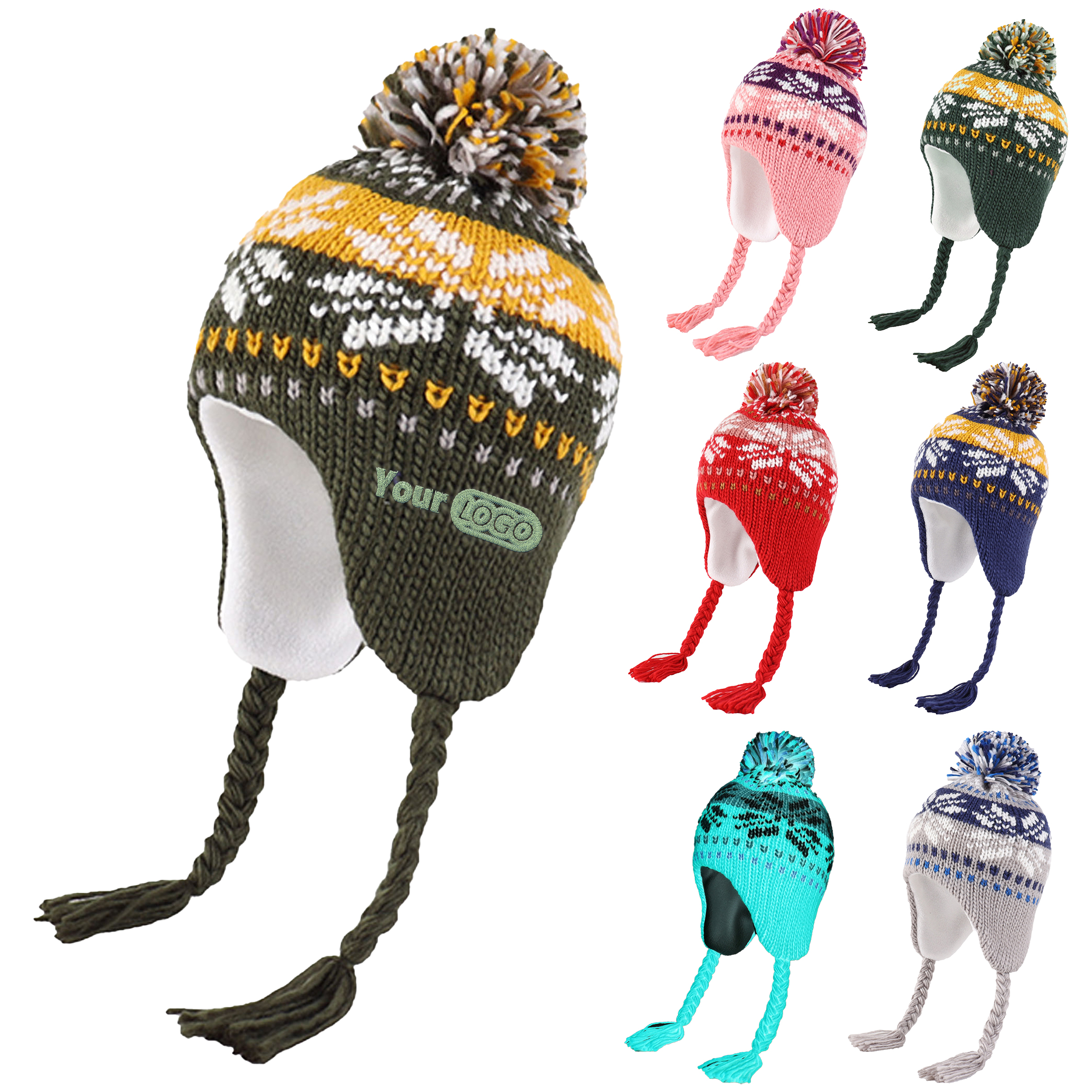 Acrylic Warm And Cozy Winter Knit Hat With Ear Flaps And Pom-Pom 2