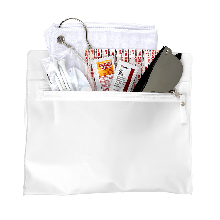 "LAYOVER" 16 Piece Golf Kit in Travel Pack with Components inserted into Zipper Kit 17