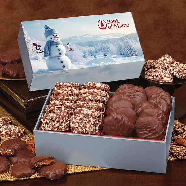 Toffee & Pecan Clusters in Gift Box with Blue Snowman Sleeve 2