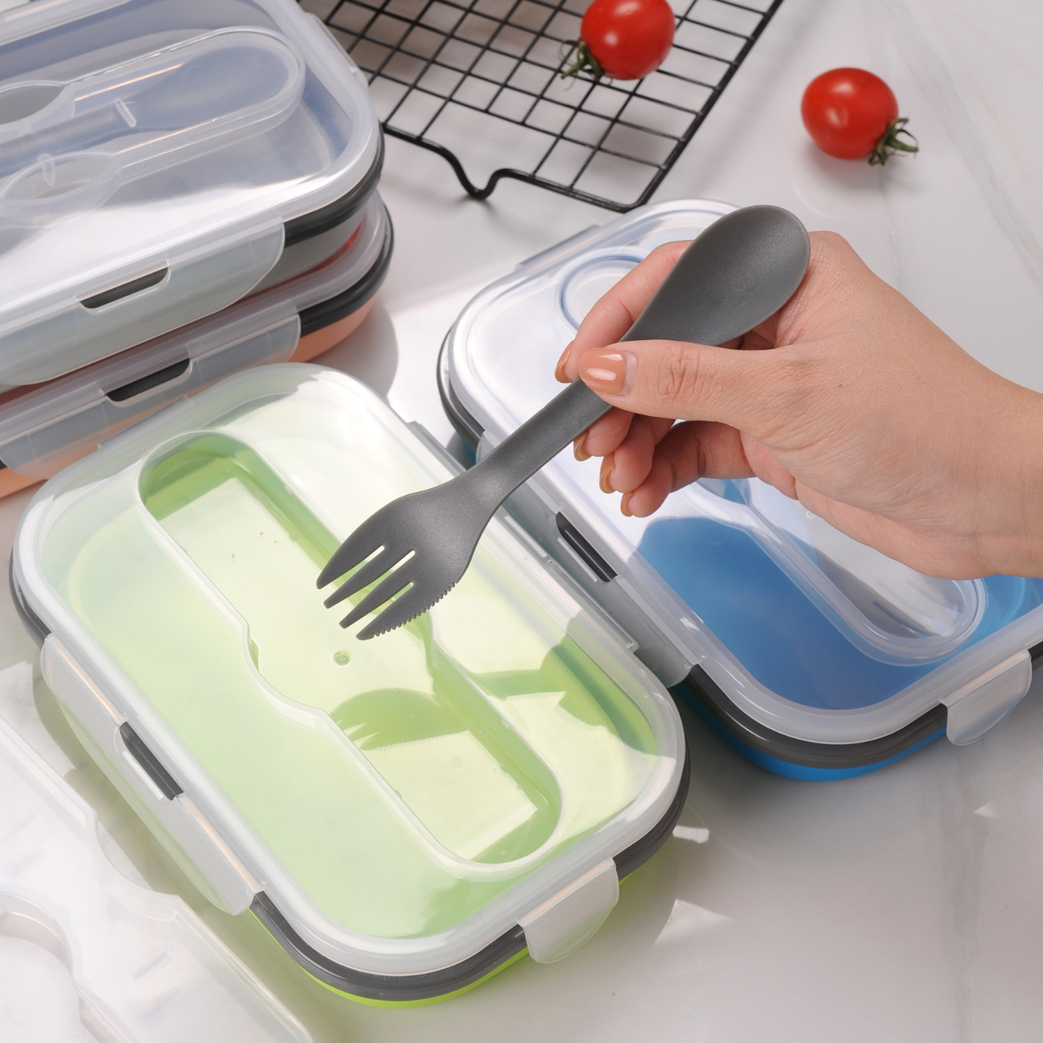 Collapsible Food Grade Silicone Lunch Bento Box w/ Fork 8