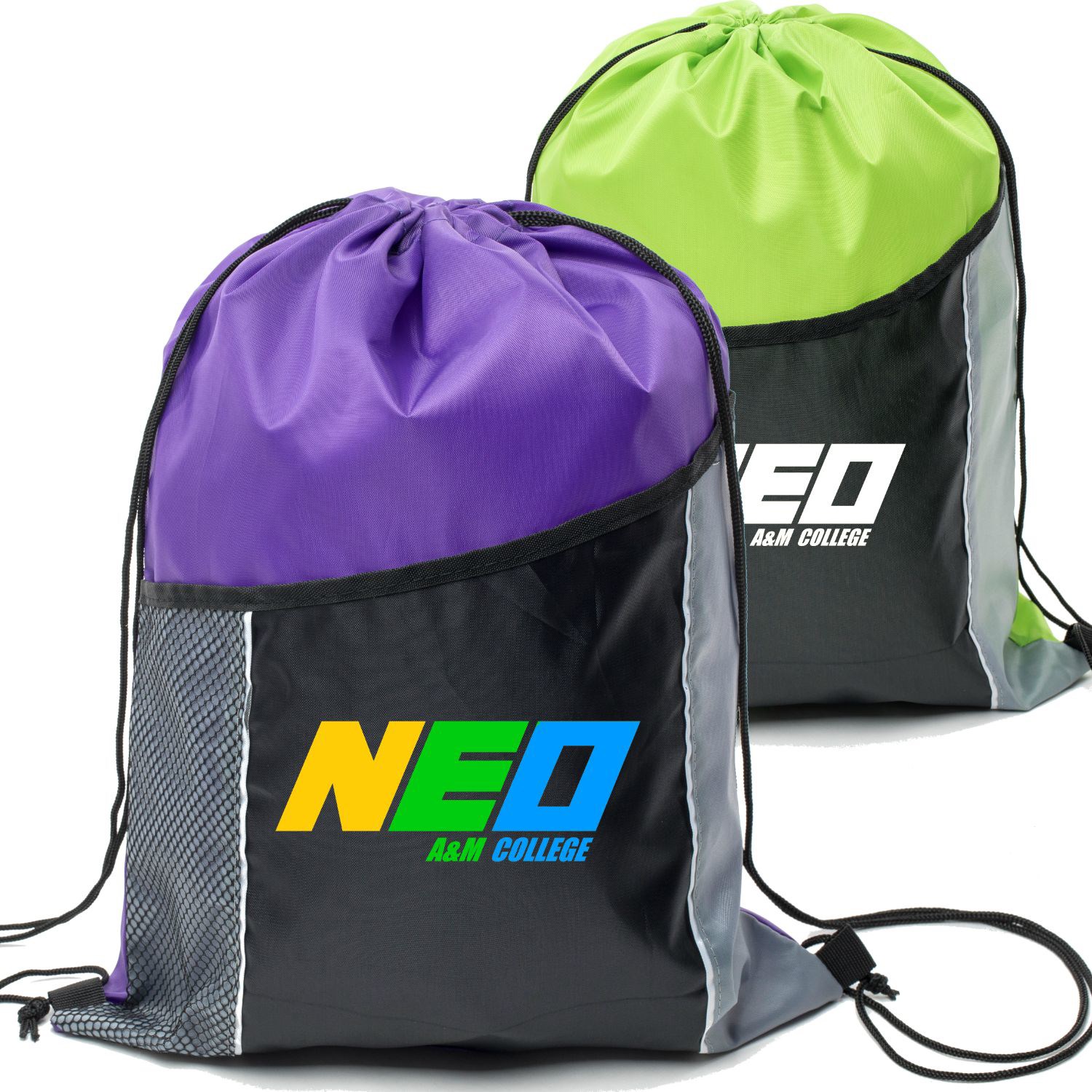 Premium Tri Color Drawstring Backpack w/ Side Mesh Pocket Bag (14" x 18") 6