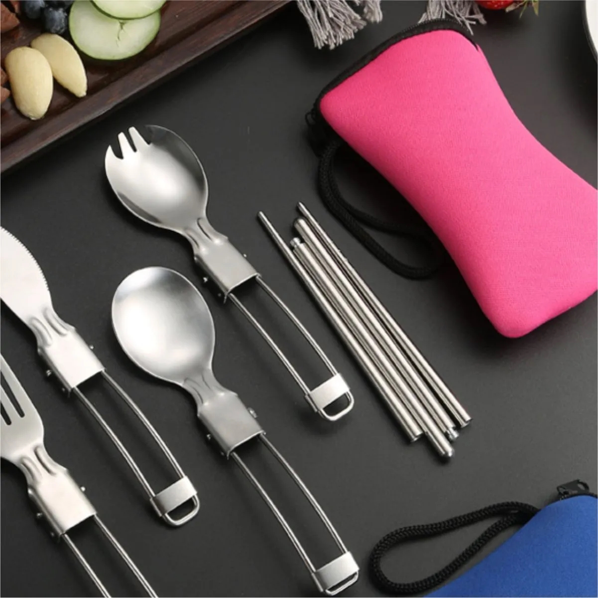 3-Piece Folding Camping Cutlery Utensil Set With Pouch 2
