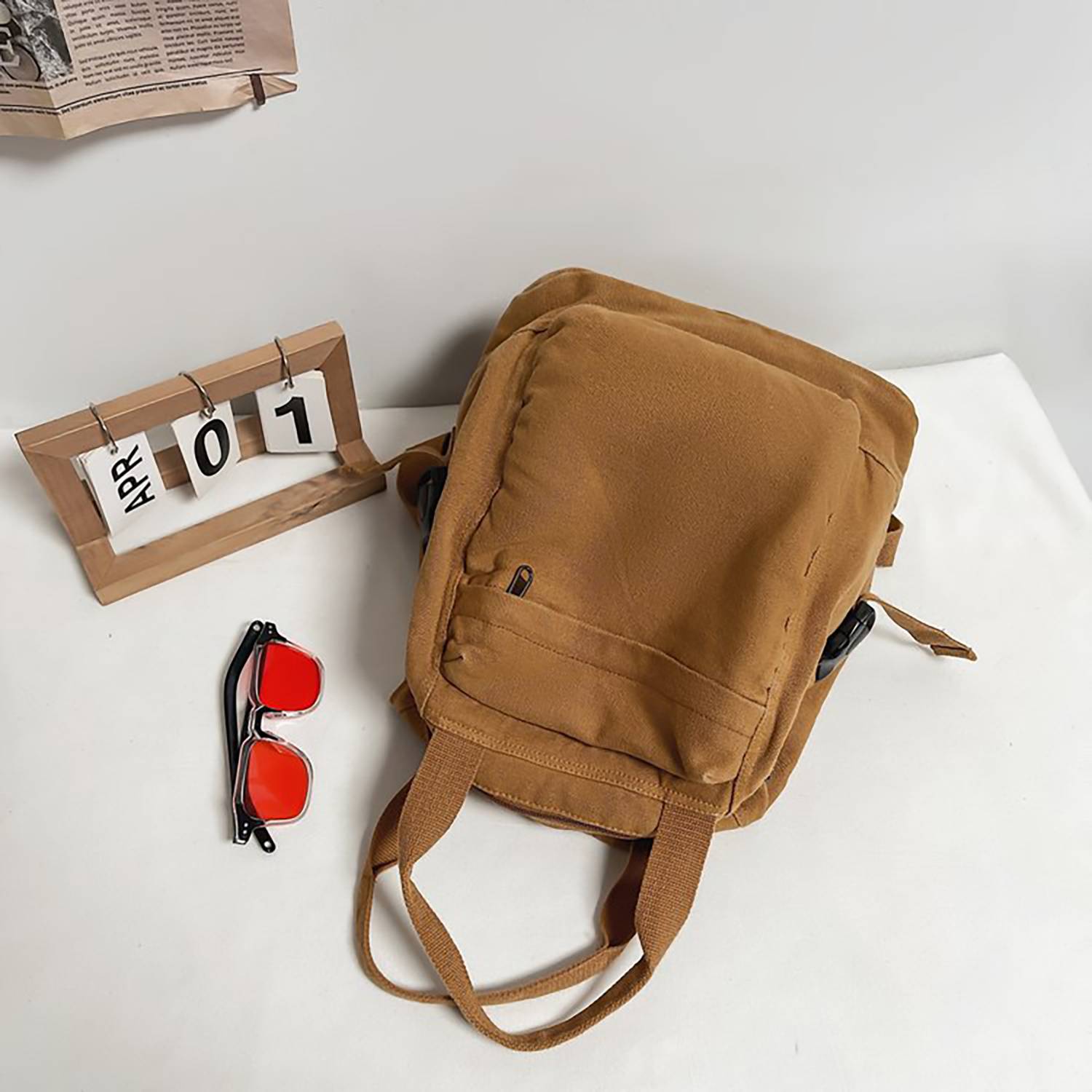 Solid-color Retro Nylon Multi-pocket Backpack 7