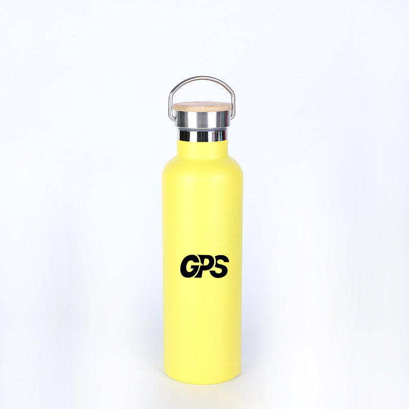 750ml matte paint double wall sport water bottle with bamboo handle lid and wid mouth, custom water bottle with logo imprint 3