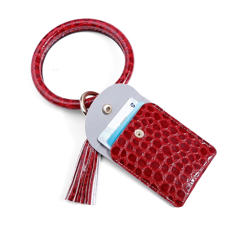 PU Leather Tassel Bracelet ID Credit Cards Holder Keychain 6