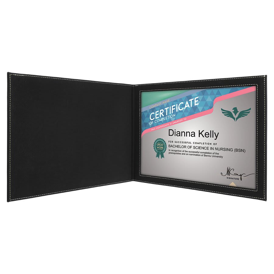 9" x 12" Black/Silver Leatherette Certificate Holder for 8 1/2" x 11" 2