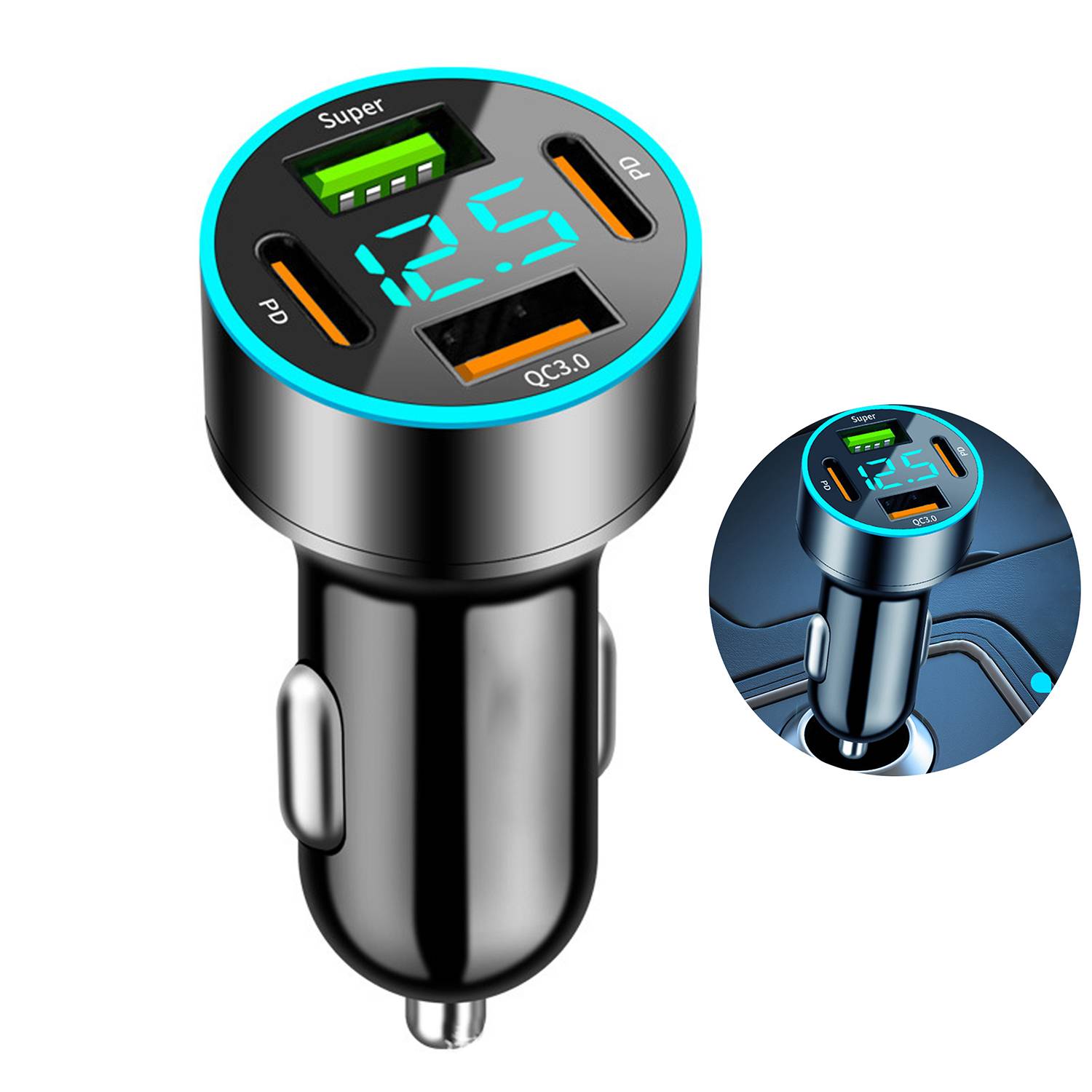 66W 4-Port Digital Display USB Fast Charging Car Charger 10