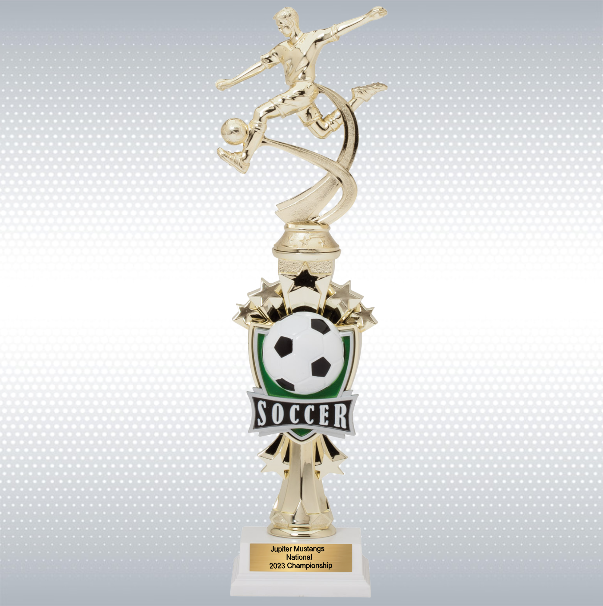 14" Assembled Trophy w/ Male Soccer Player Figure on White Base 3