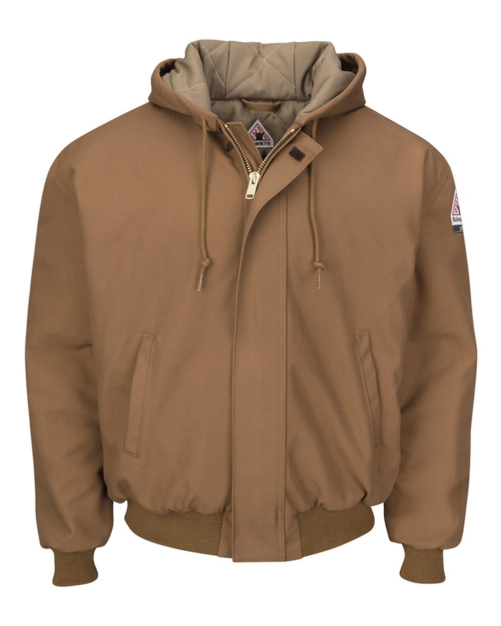 Insulated Brown Duck Hooded Jacket with Knit Trim