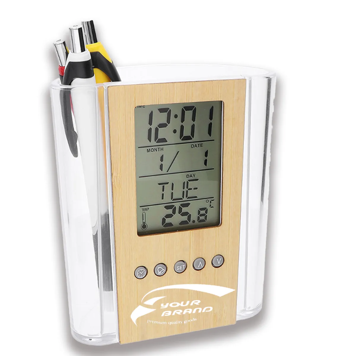 Multifunctional Digital Bamboo And Wood Pen Holder Clock 1