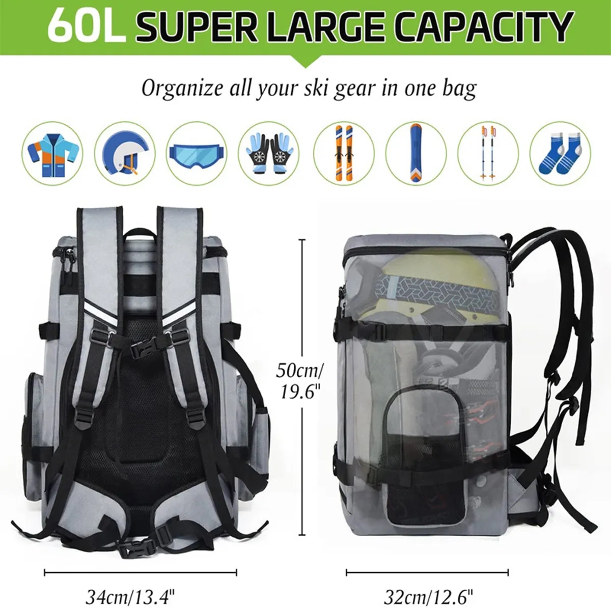 60L Large Capacity 900D Waterproof Ski Boot Bag Backpack 7