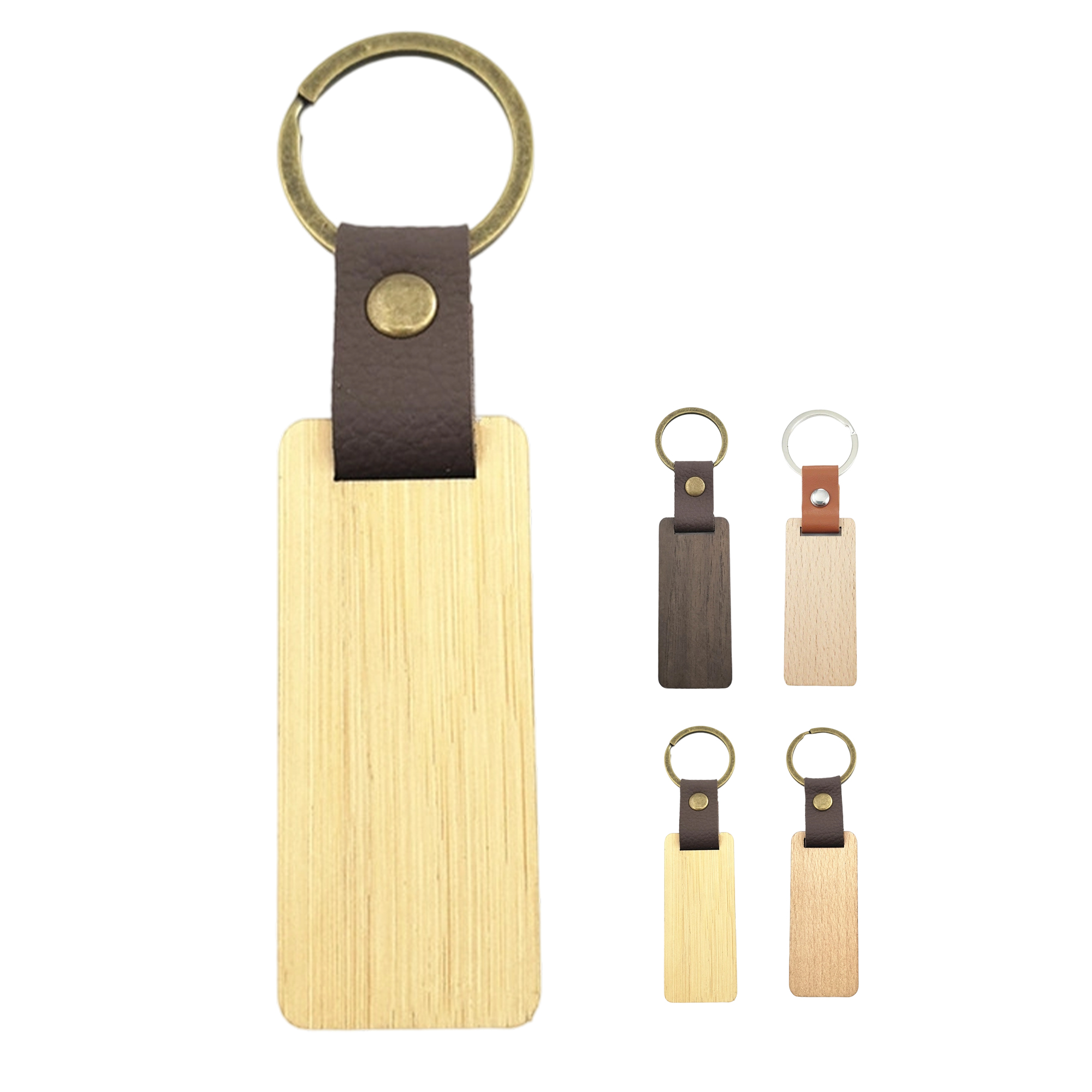 Leather Strap Wood Accent Key Ring Walnut Beech Or Bamboo 4.5" By 1.1" 2