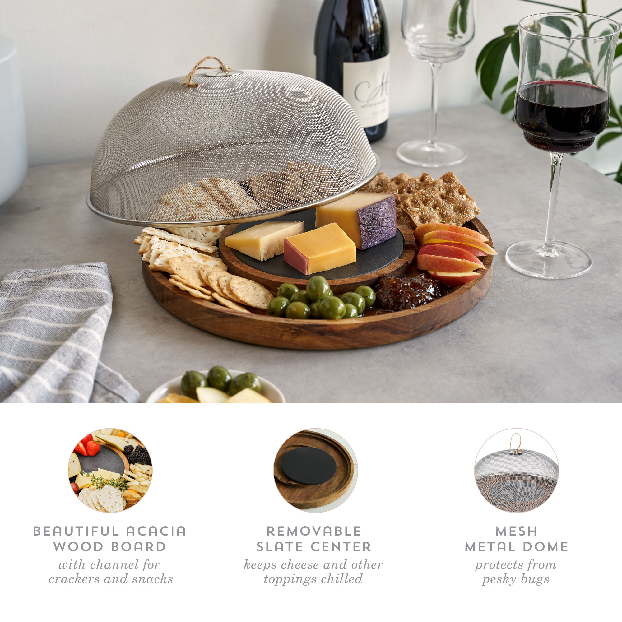 Twine Living® Modern Manor Slate & Acacia Cheese Board Dome 6