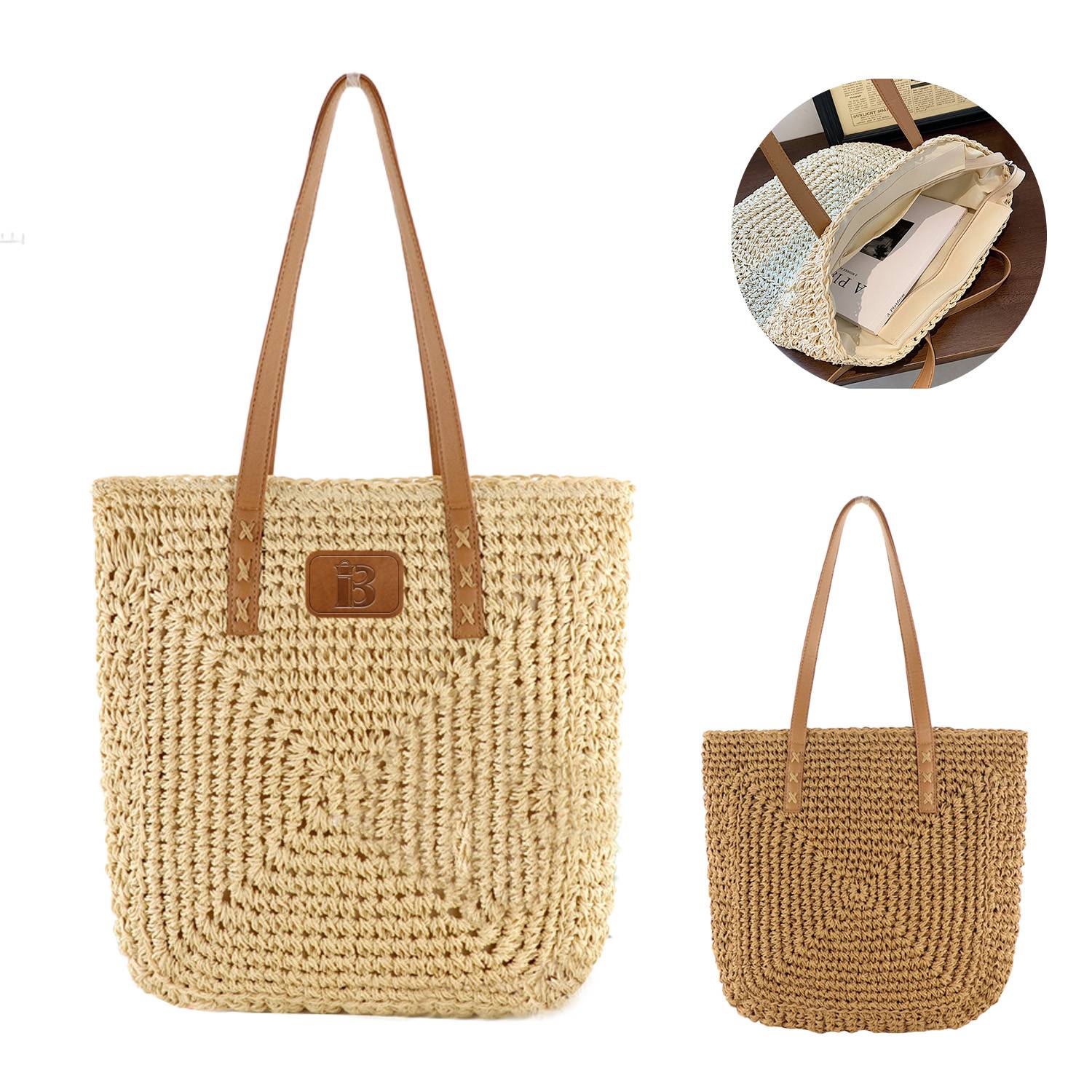 Retro Natural Straw Bag Hand Woven PU Handle Handbags 3