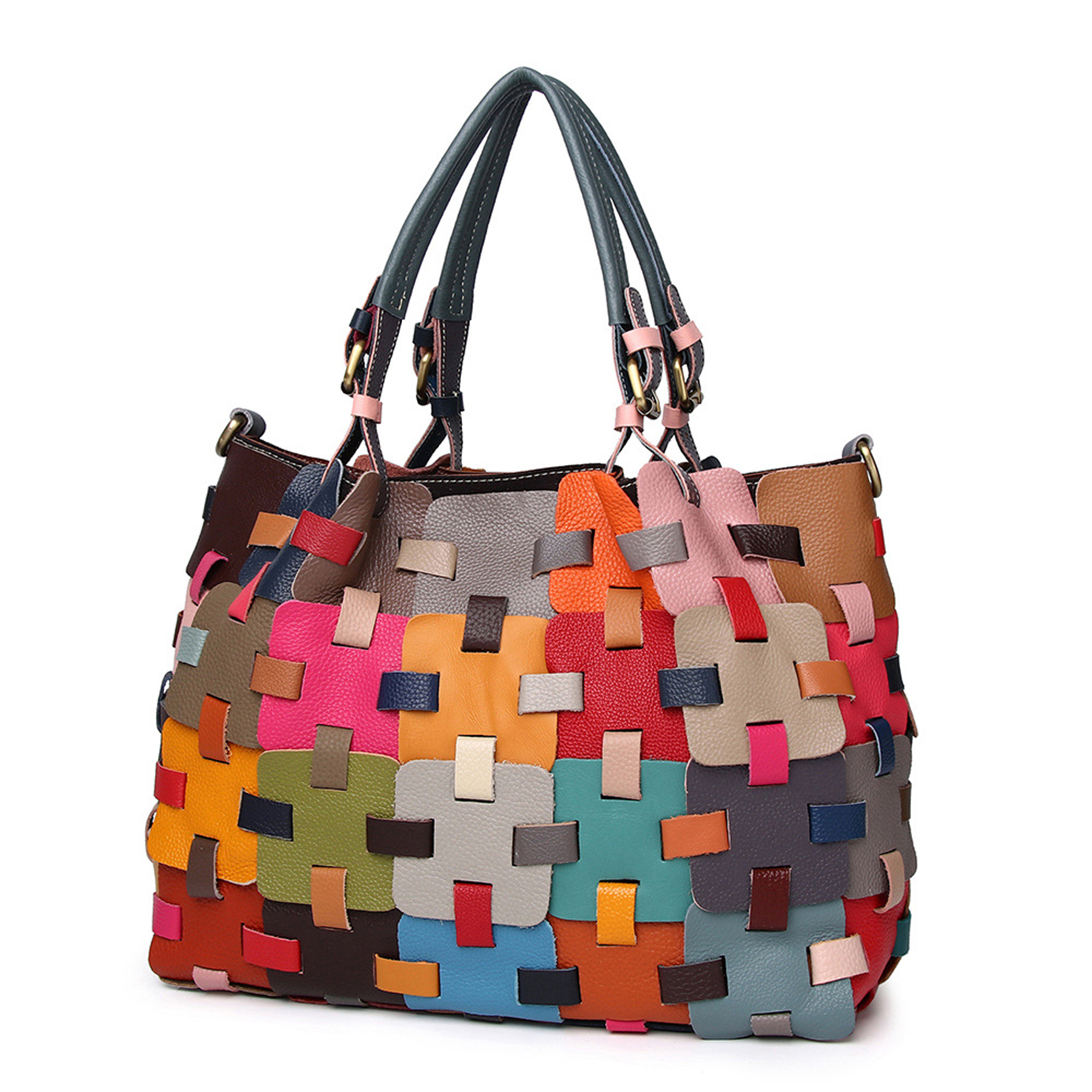 Genuine Leather Colourful square-paneled tote bag, custom tote bag with logo imprint 5
