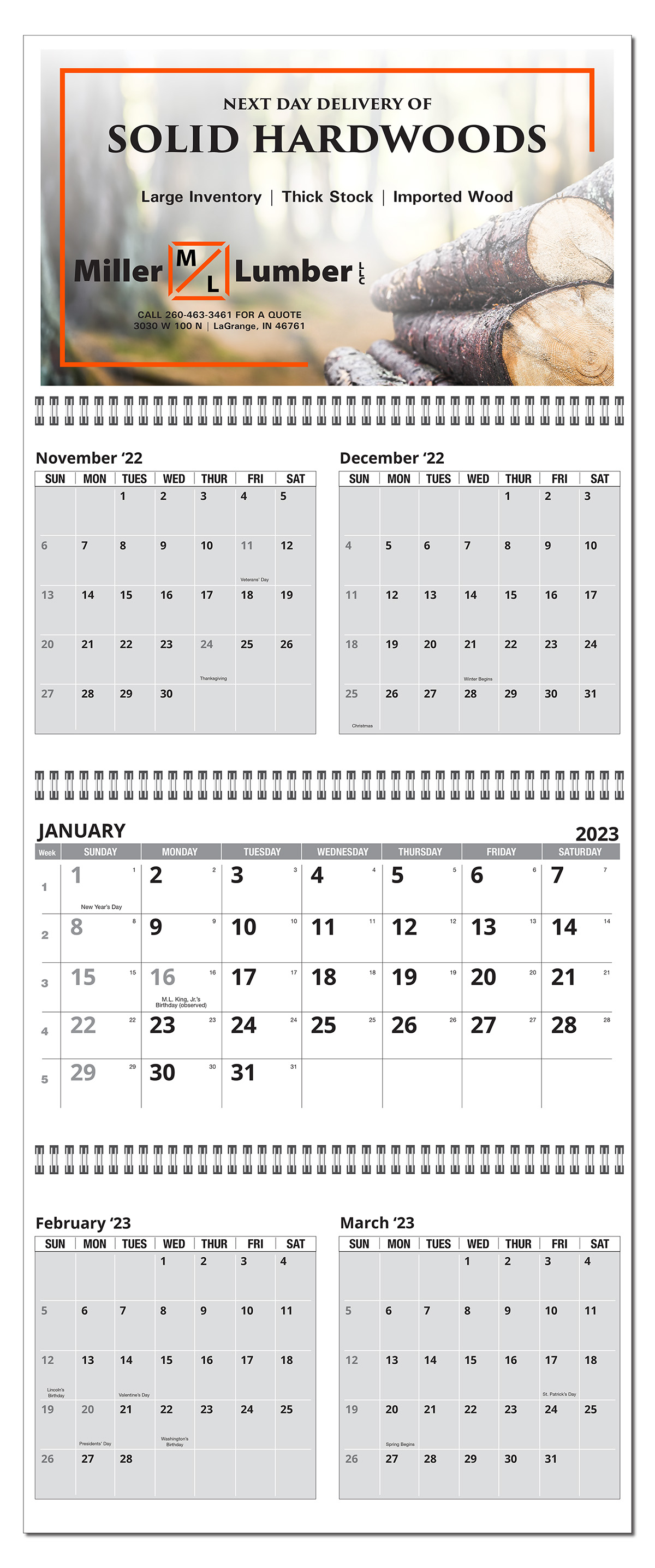 Five Month in View Four Panel Wall Calendar