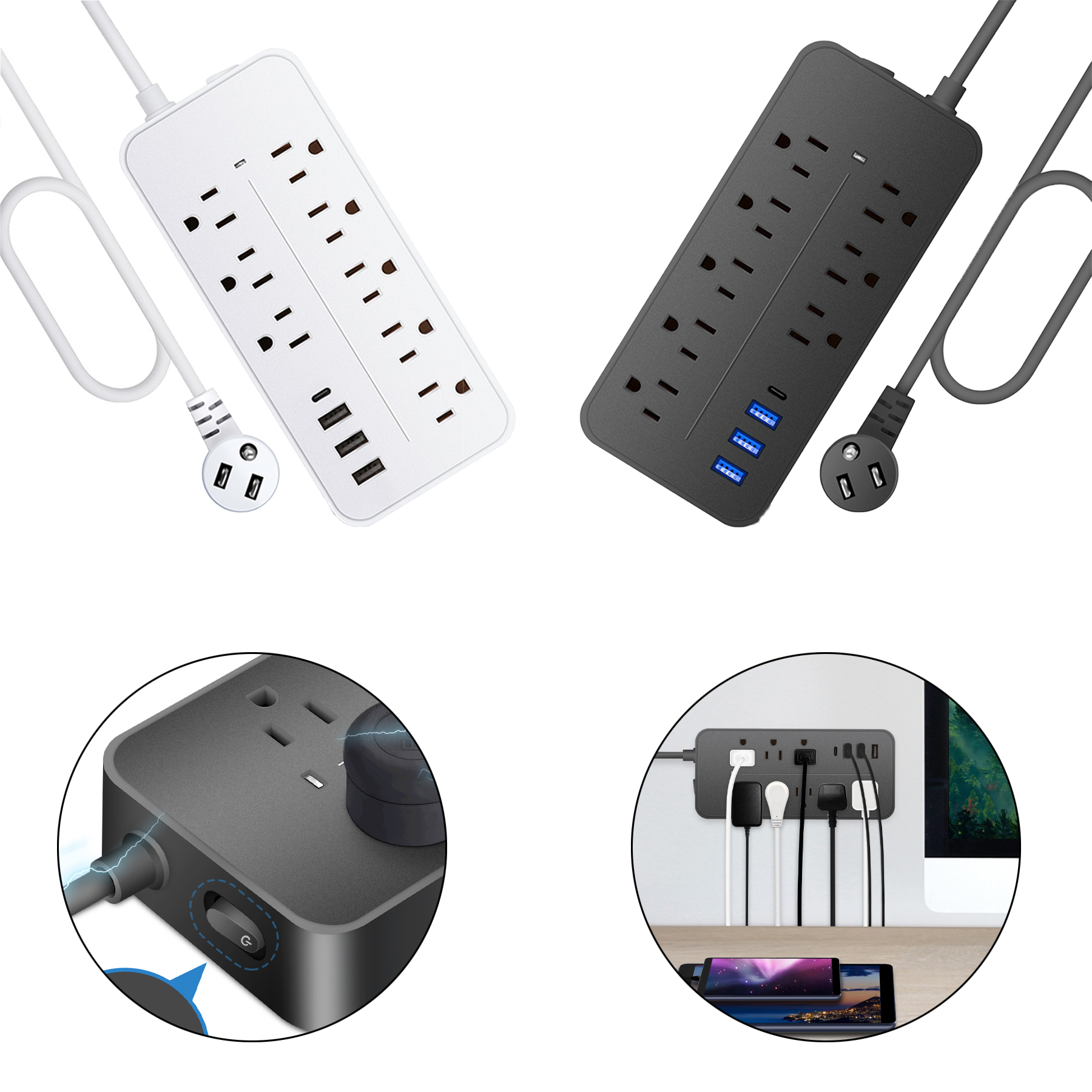 8 Outlets Flat Plug Wall Mounted Power Strip with 3 USB Port 2