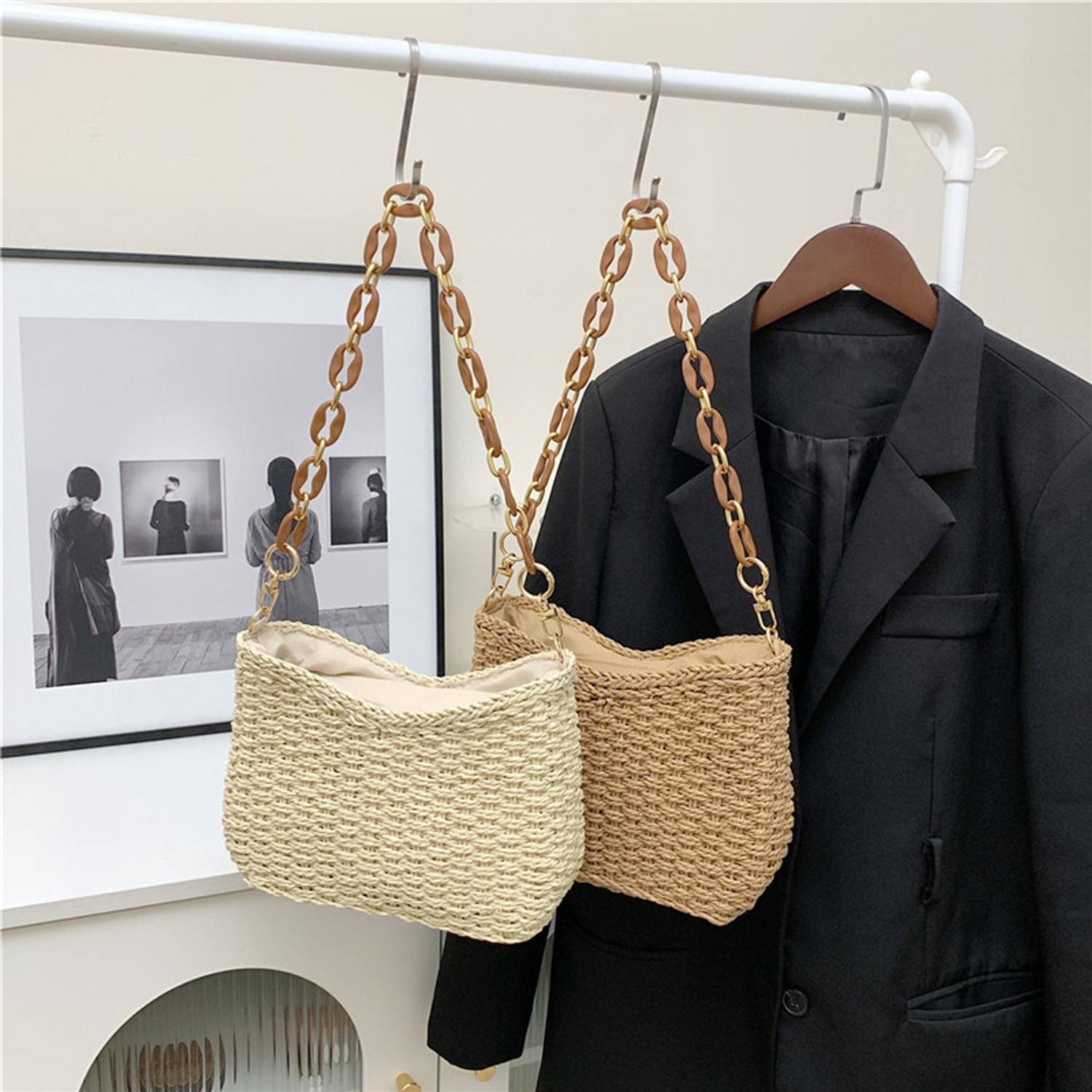 Straw Woven Shoulder Bag Handbag w/ Chain for Beach Travel 6