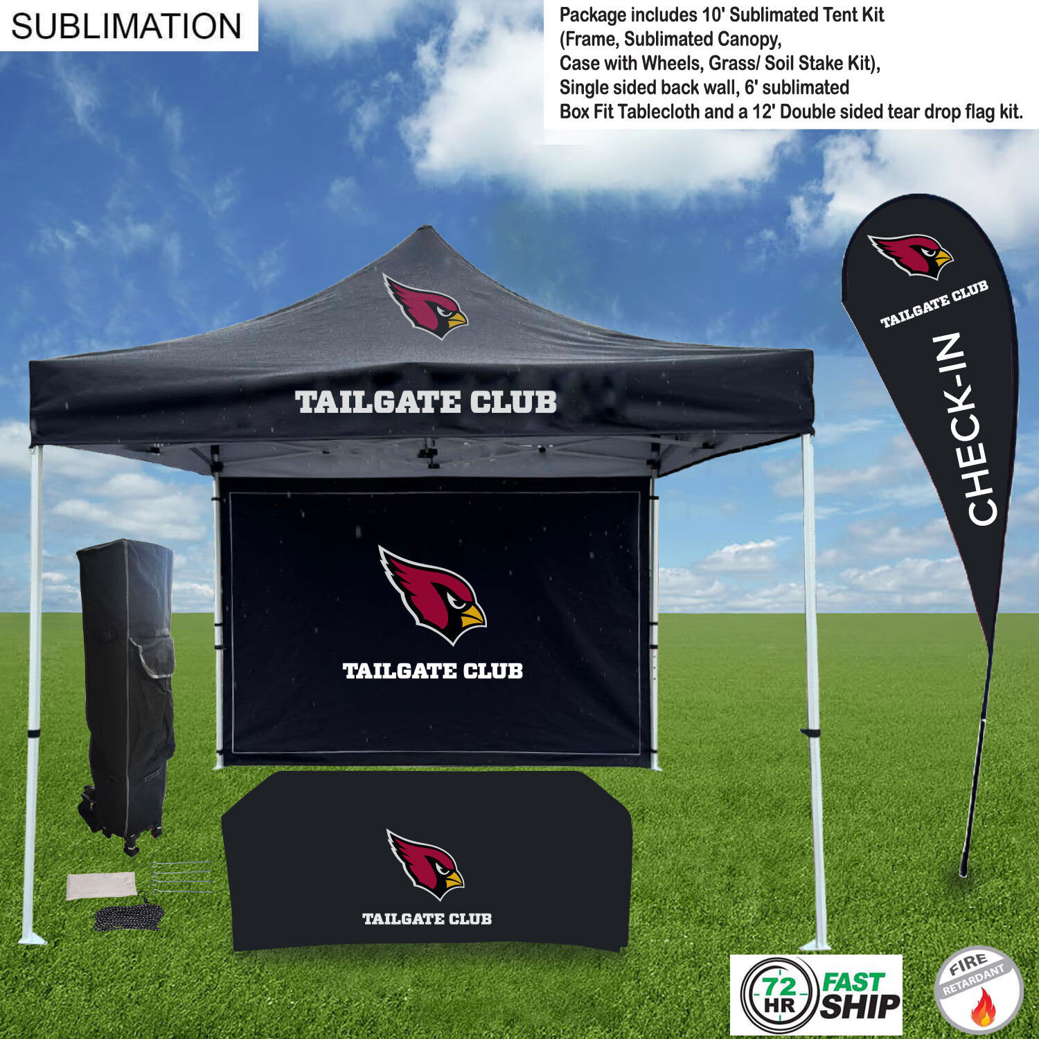 72Hr Fast Ship - Game Day Tailgate Package, 10' Tent kit, Backwall,Tablecloth, double sided Flag 17
