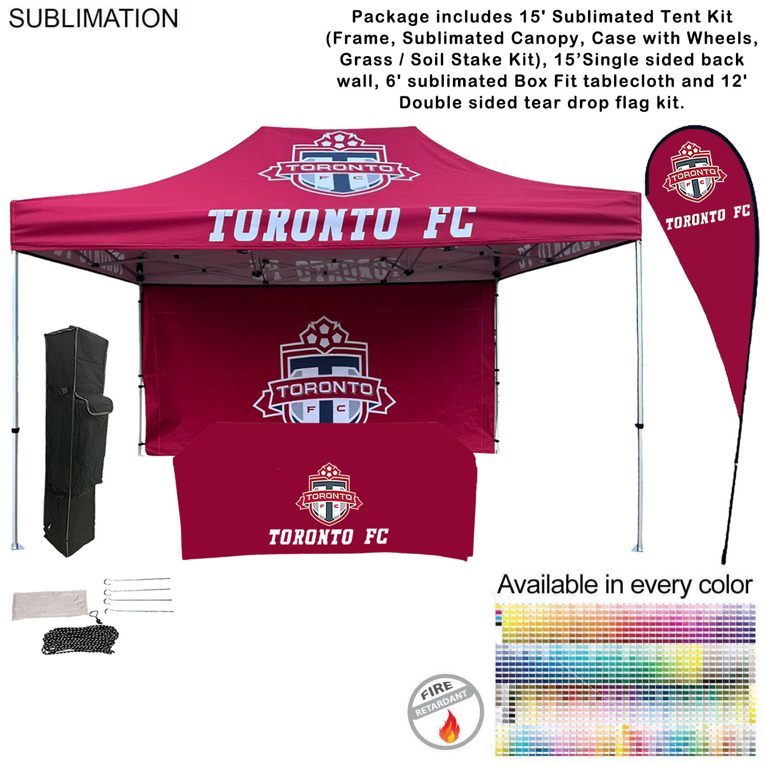 48Hr Quick Ship -Deluxe Tent Flag Package, 15' Tent, 15' Backwall, Tablecloth, Double sided Flag Kit 31