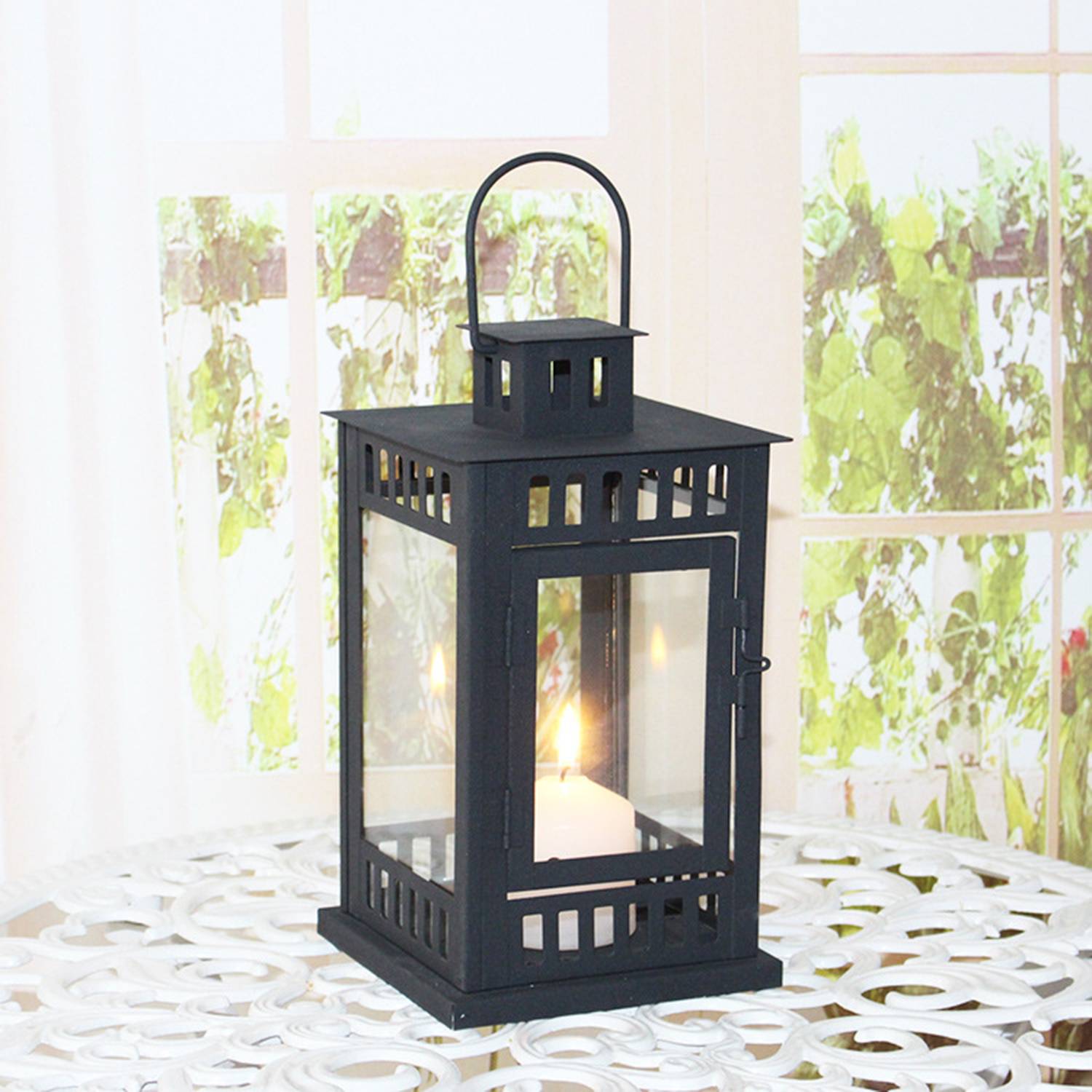 Wind Lantern Candlestick Wrought Iron Glass Candle Holder 6