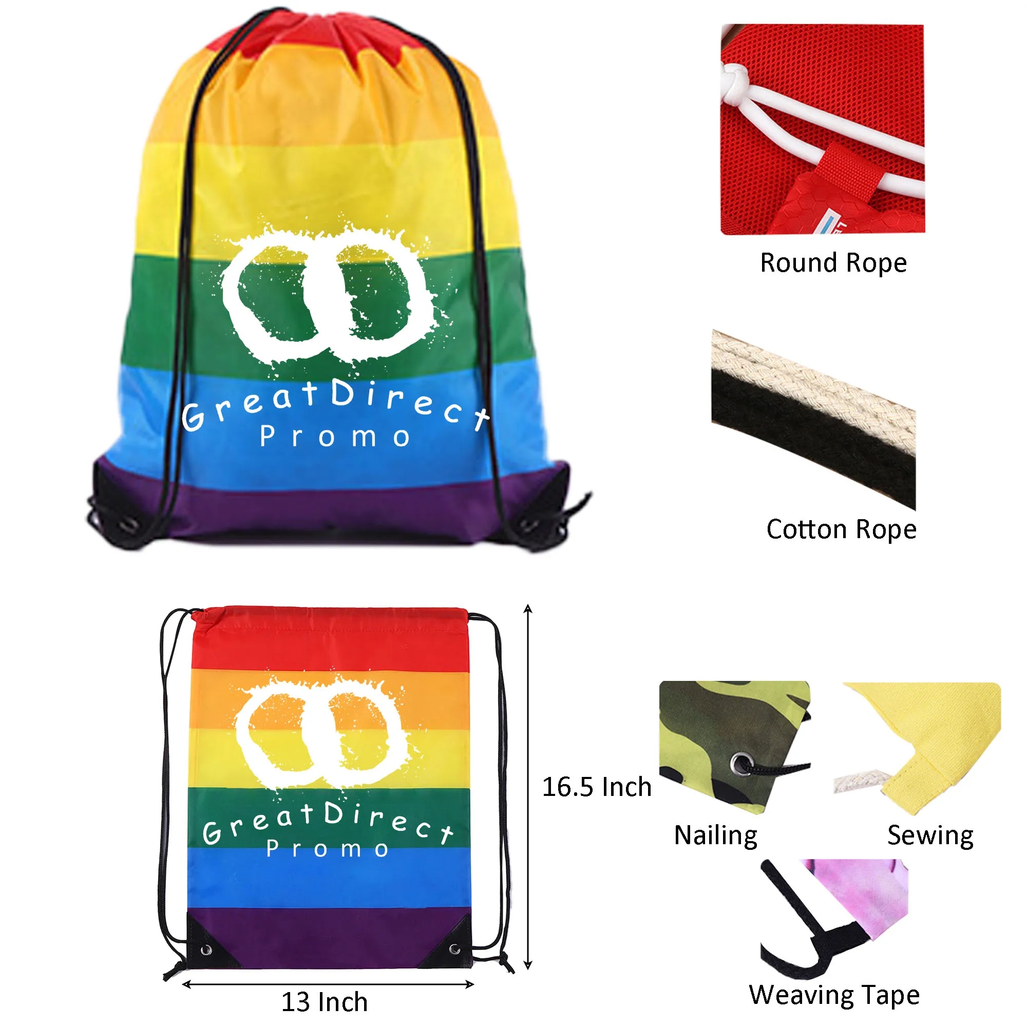 Full Color Rainbow Polyester Drawstring Backpack 1