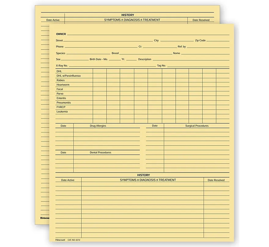 Vet Animal History Exam Record, 2 Sided, Card Size 1