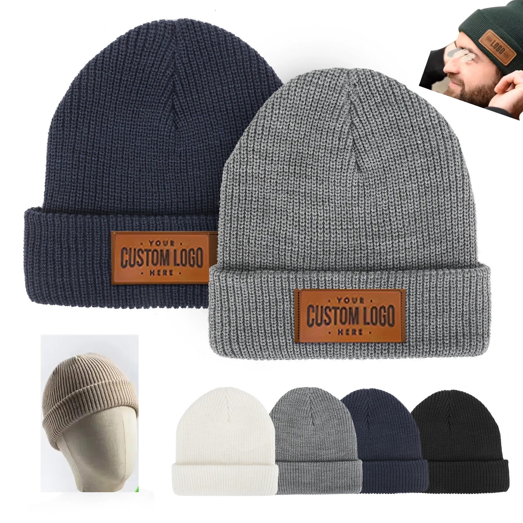 Cuffed Knit Beanie With Faux Leather Patch 2