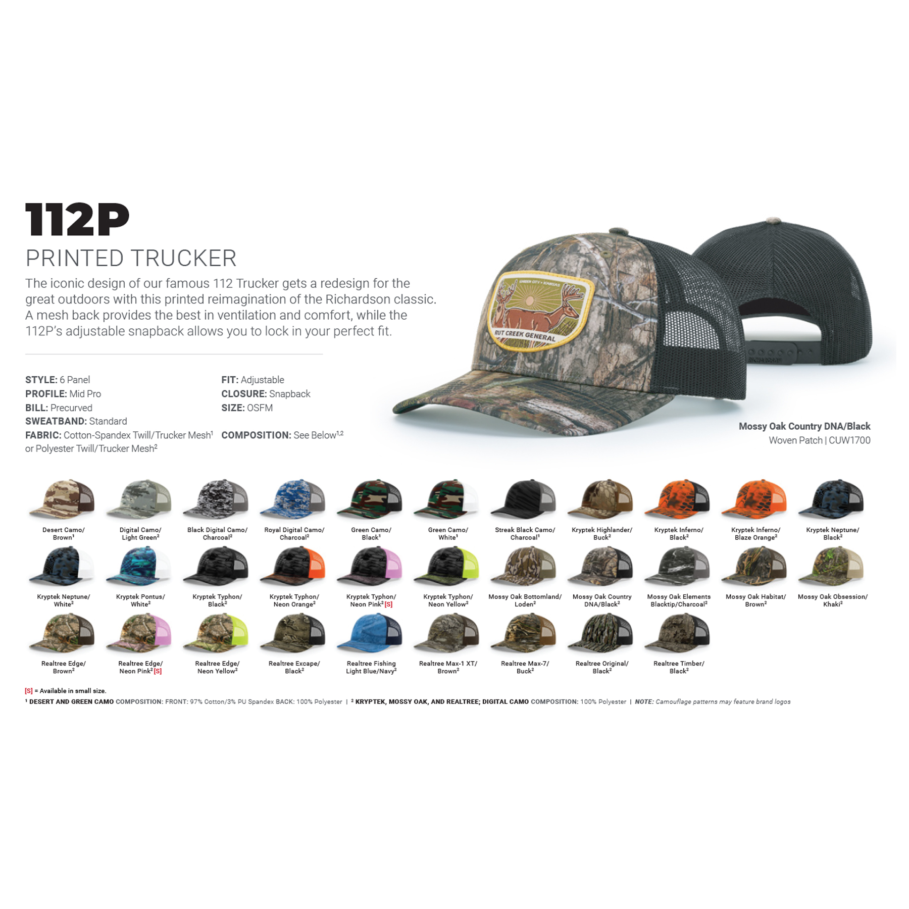 Richardson 112P Printed 6-Panel Snapback Trucker Hat w/Leatherette Adhesive Patches 30
